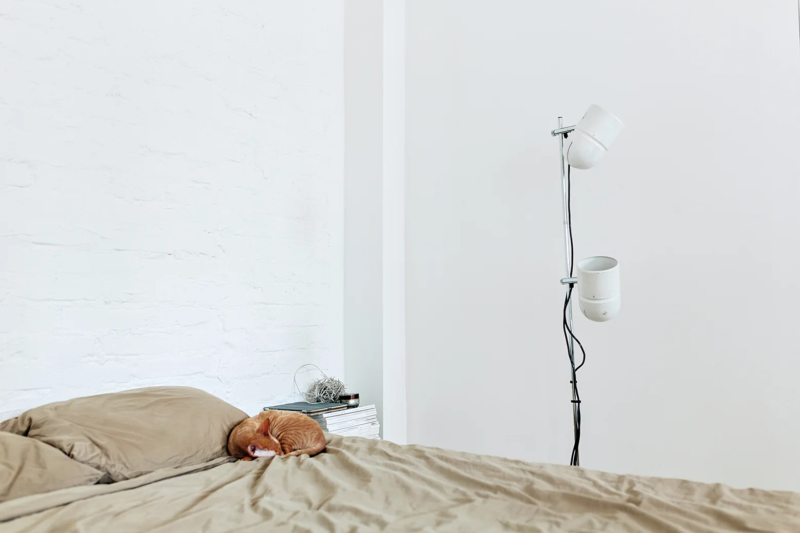 A minimalist bedroom featuring tan bedding on a bed against a white painted brick wall next to a white metal floor lamp.