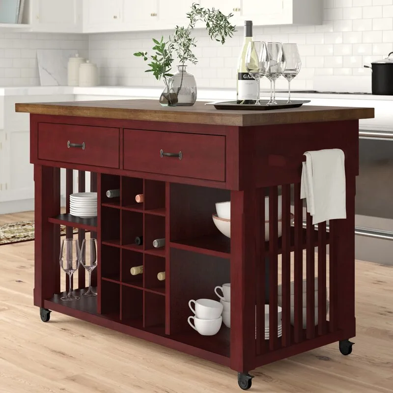 A dark red mobile kitchen island with a natural wood countertop, storage drawers, open shelves, and a built-in wine rack.