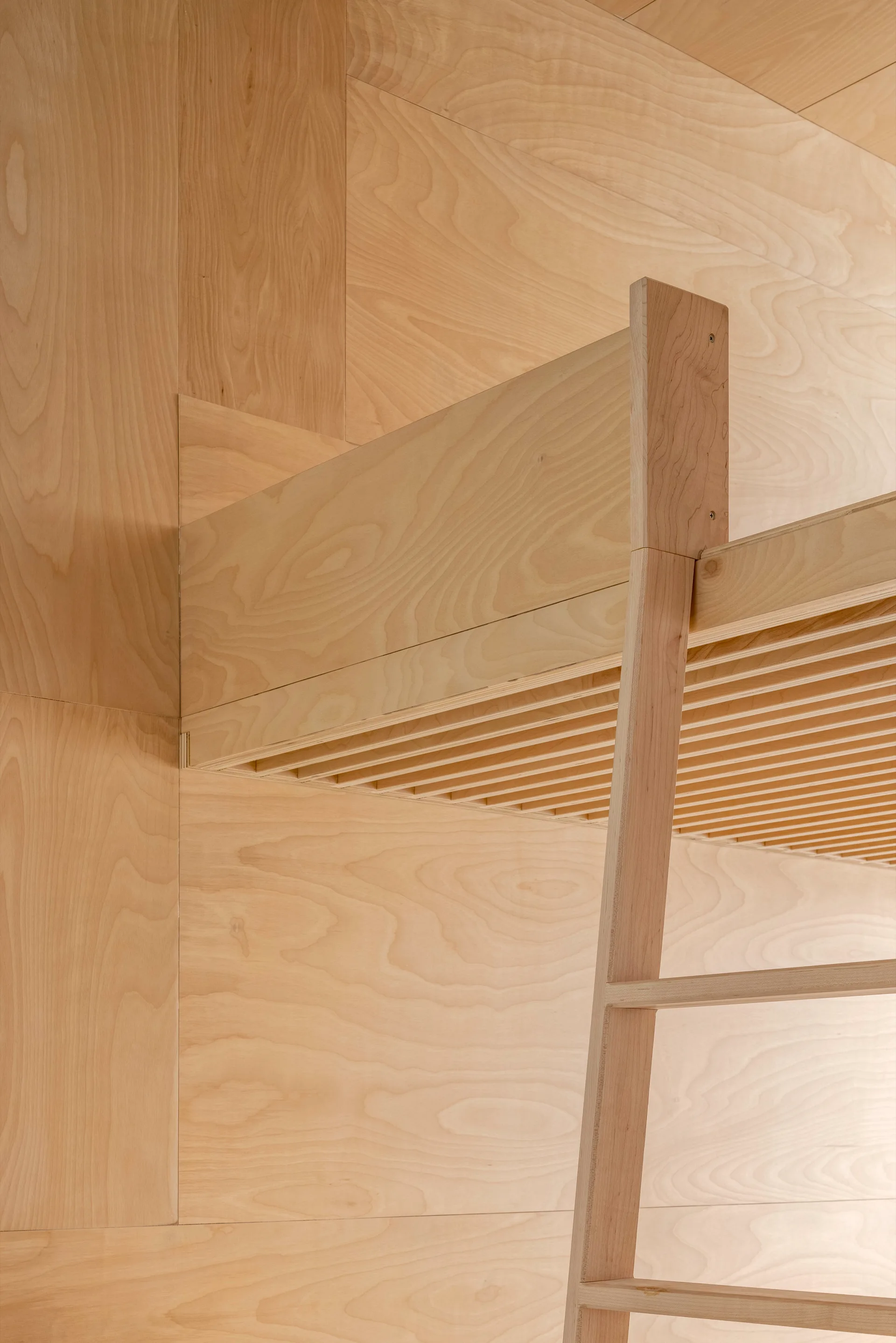 A minimalist light wood loft bed features plywood wall paneling, a wooden ladder, and a slatted platform underside.