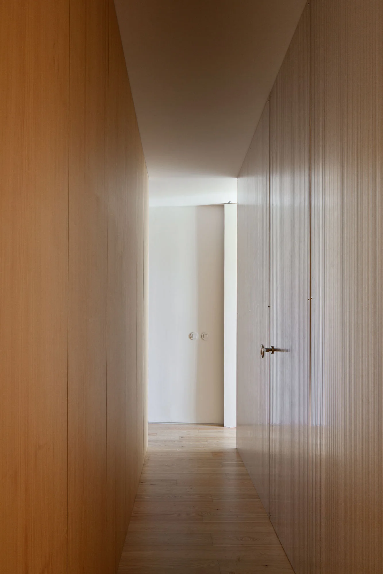 A long minimalist hallway features smooth warm wood paneling on one side and light-colored ribbed wall panels with an integrated door on the other.