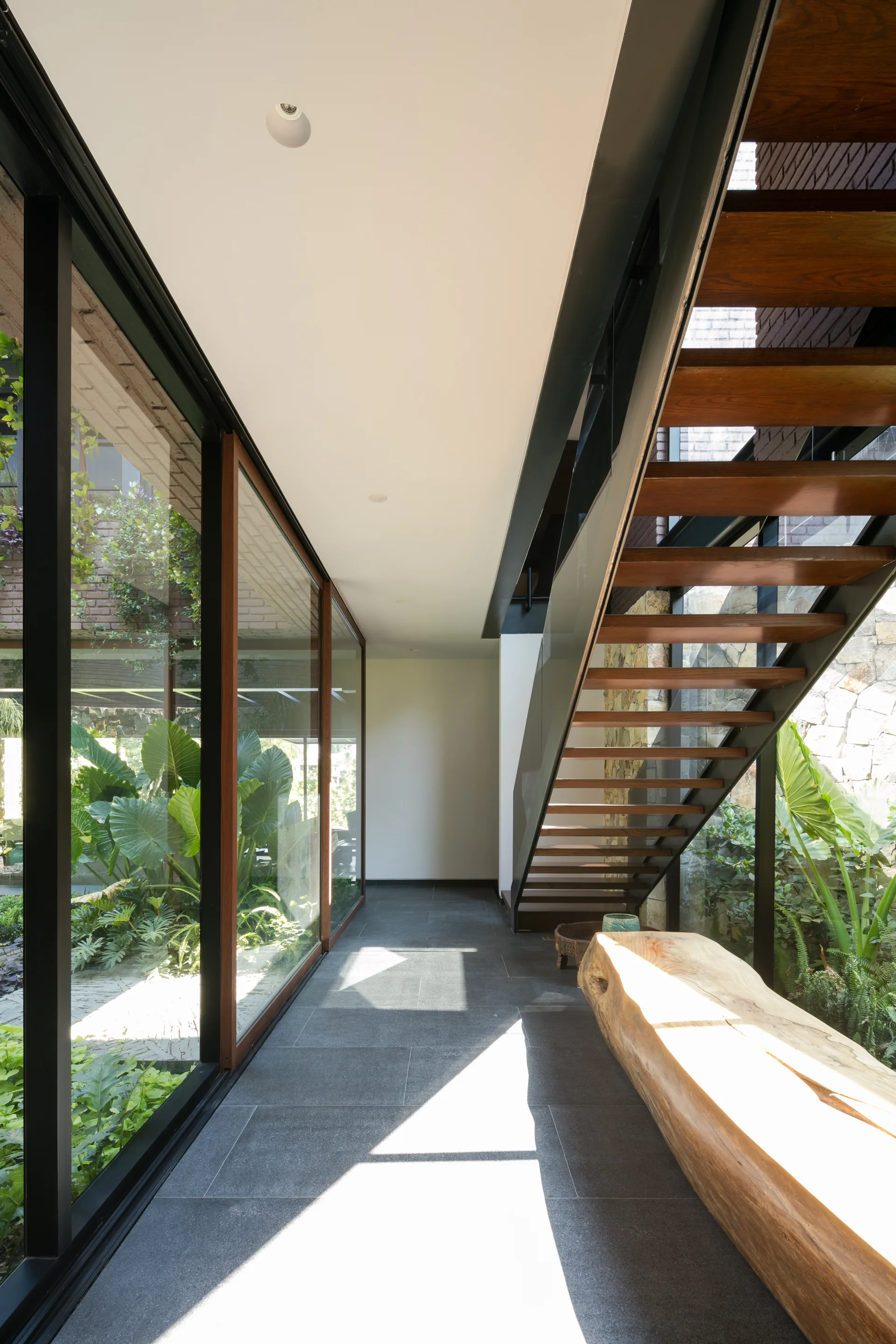 An open riser wooden staircase rises next to a live-edge wood bench and a floor-to-ceiling glass wall looking out on green plants.