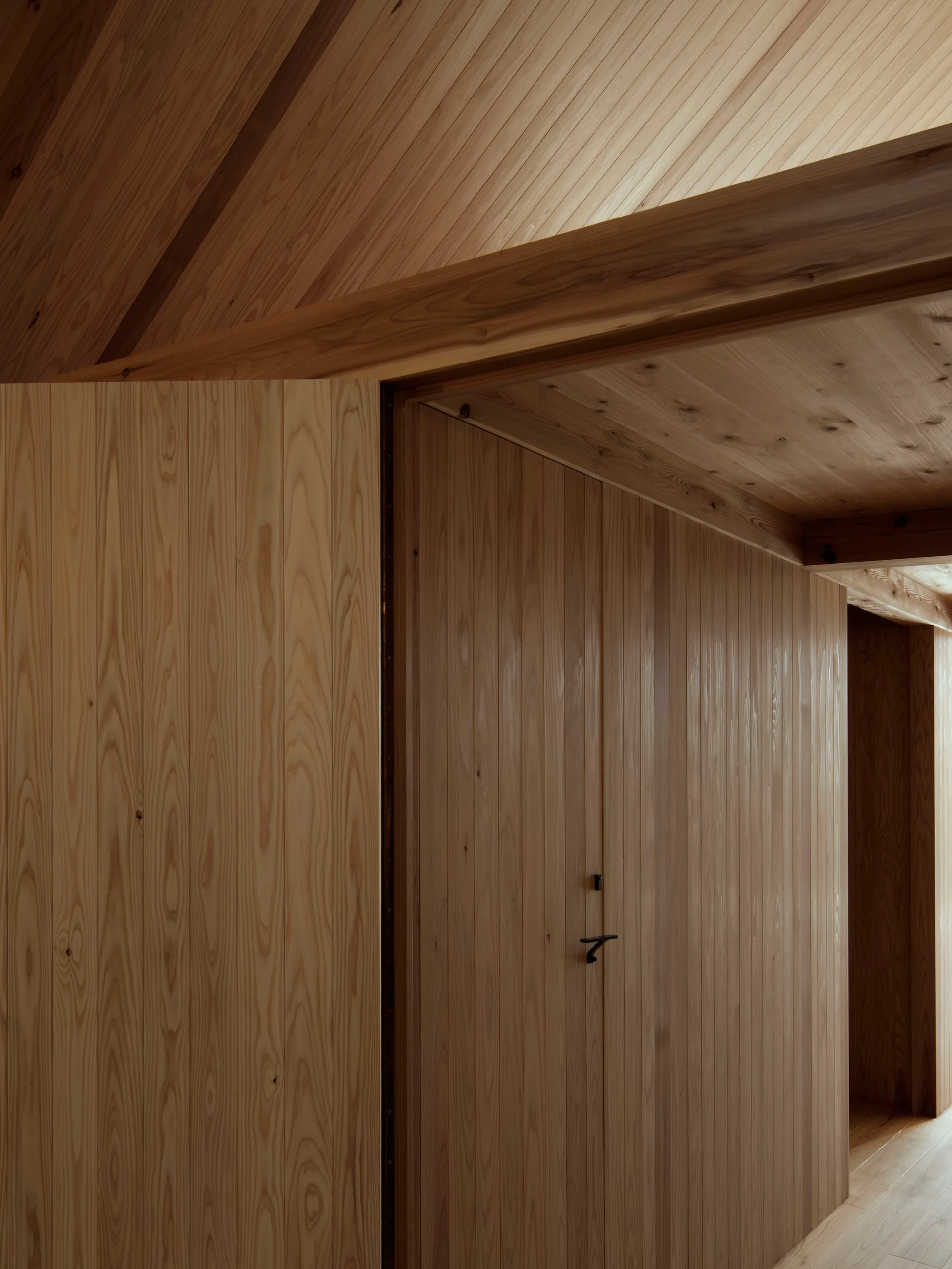 An interior hallway featuring vertical wood plank wall paneling, a flush integrated wooden door, and a sloped ceiling with an exposed timber beam.