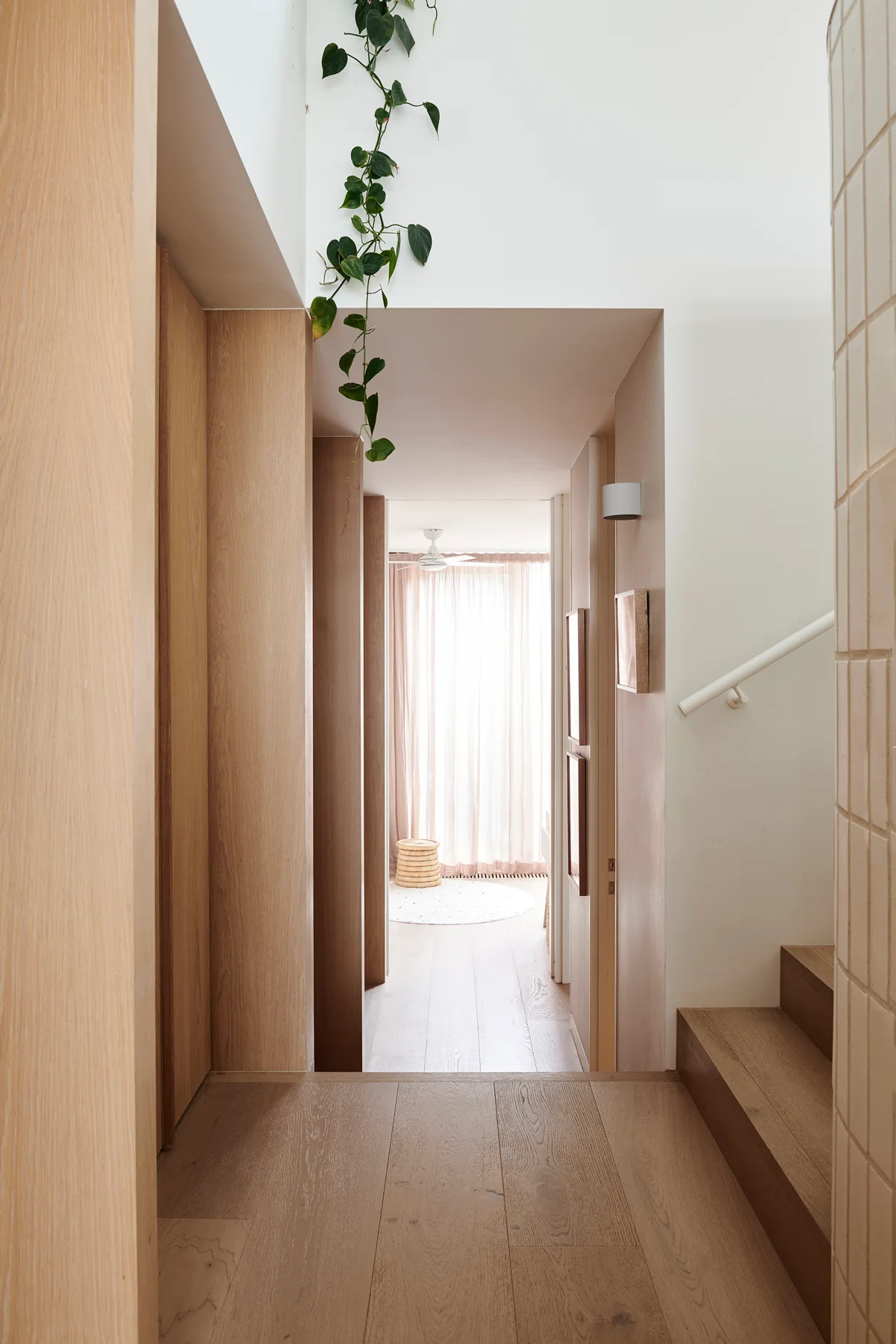 A minimalist hallway features light wood floorboards, matching wall panels, a wooden staircase, and a green plant trailing from an upper opening.