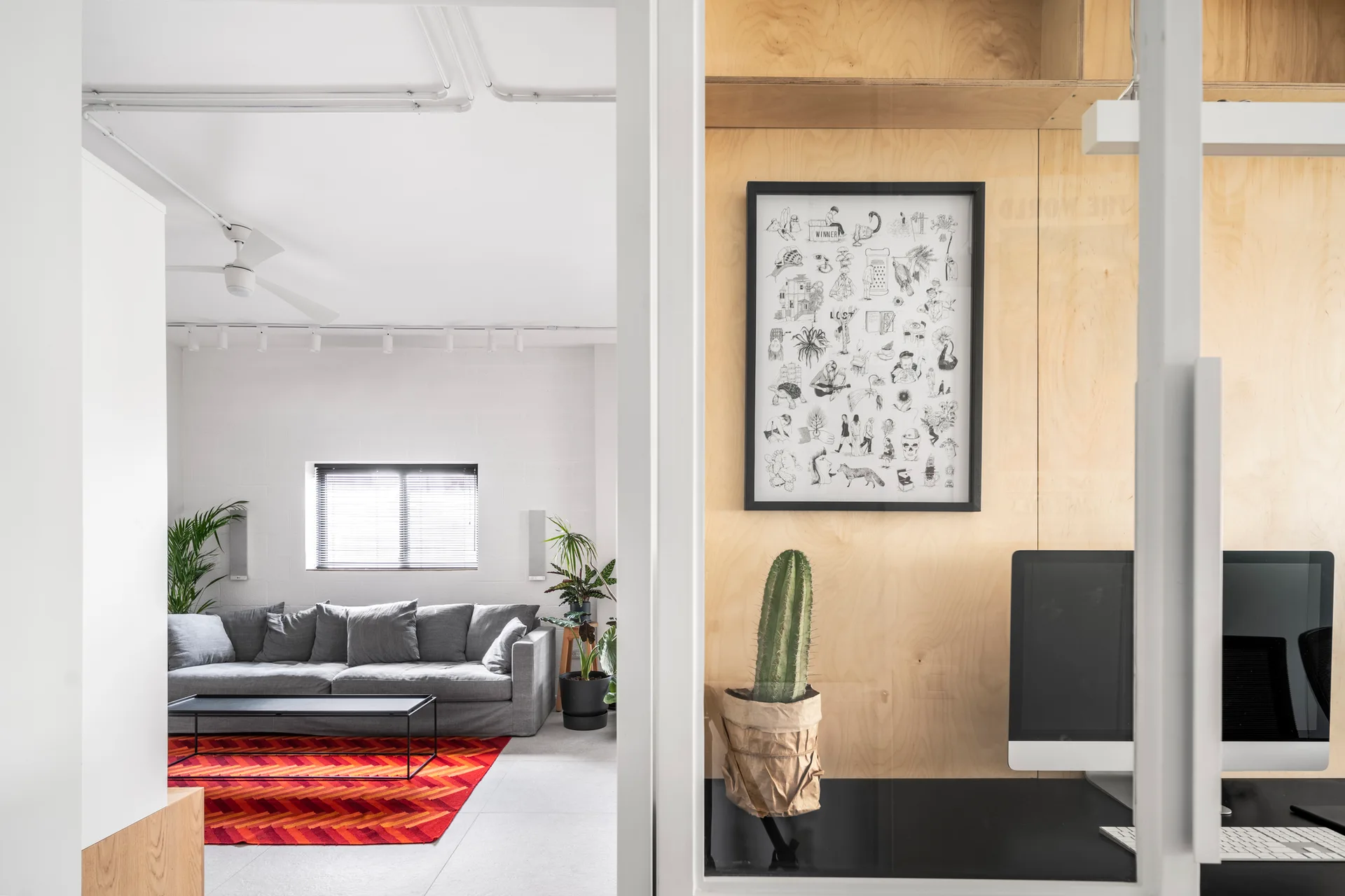 A modern white living room with a gray sofa and bold red rug seen through a glass door next to a plywood-walled workspace.