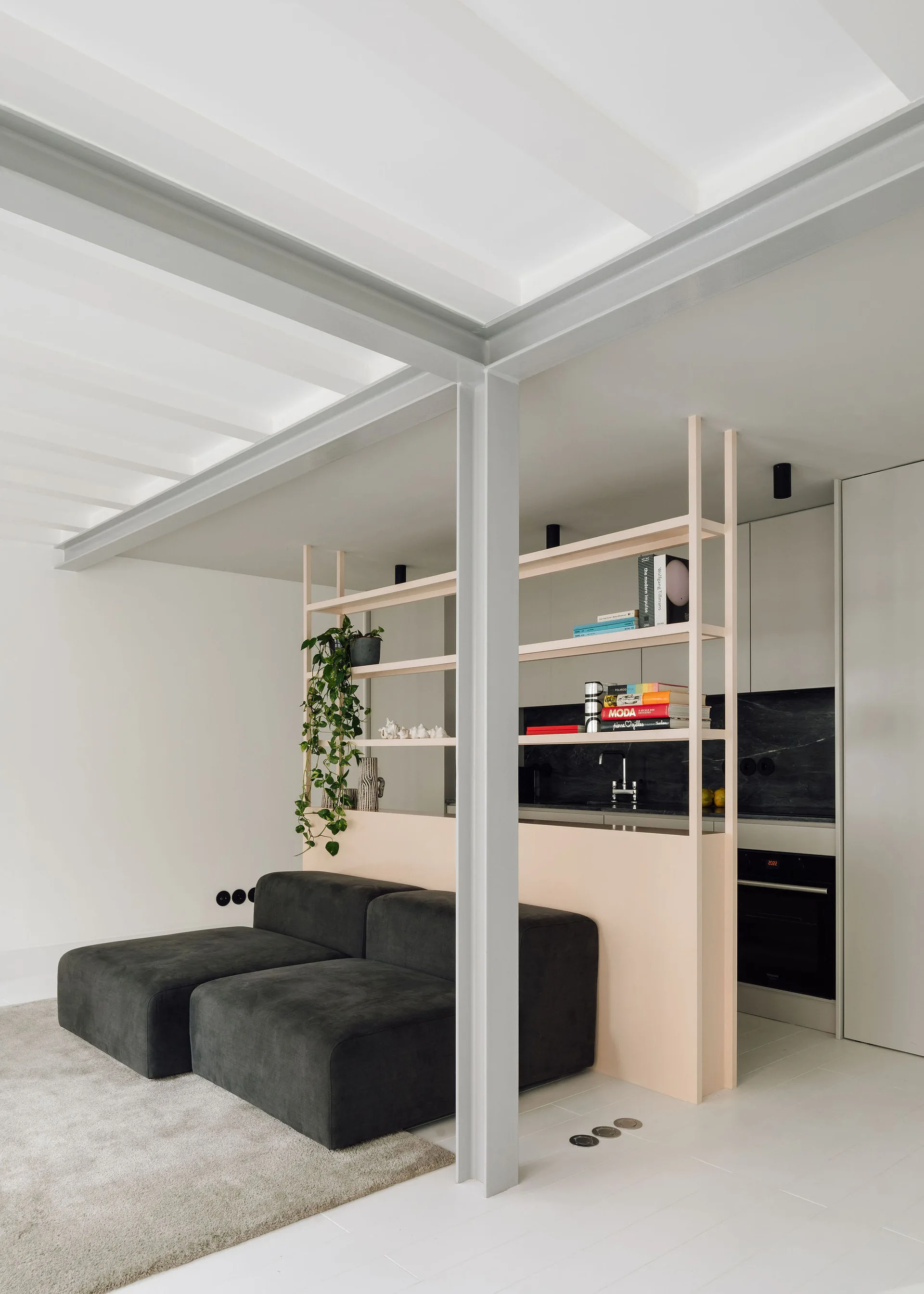 A dark grey modular sofa sits before a pale wood open shelving partition that separates the living area from a white kitchen.