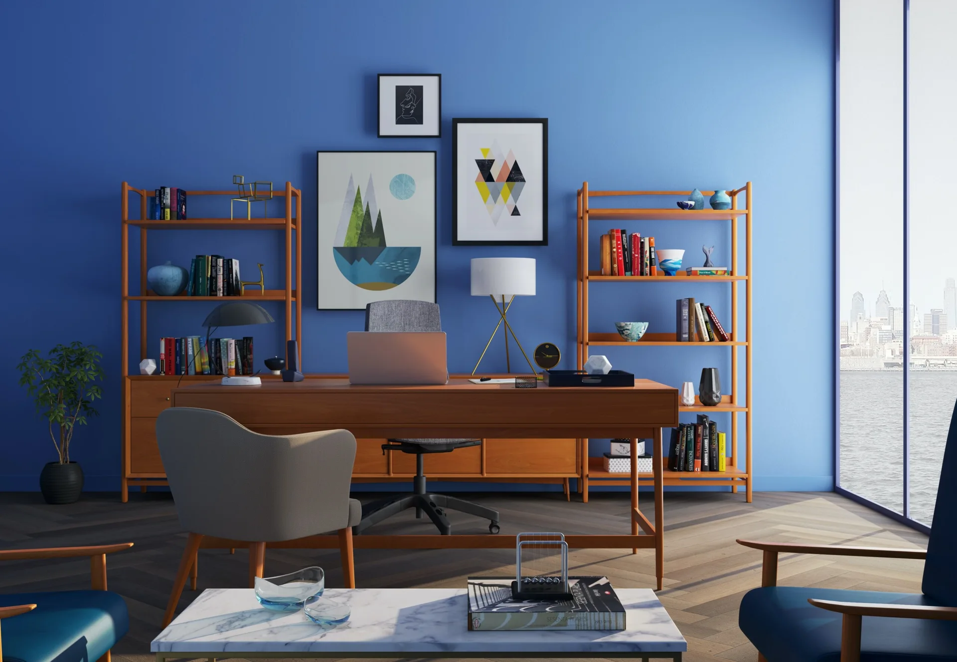 A mid-century modern home office features a wooden desk and two matching bookcases set against a vibrant blue wall on herringbone floors.