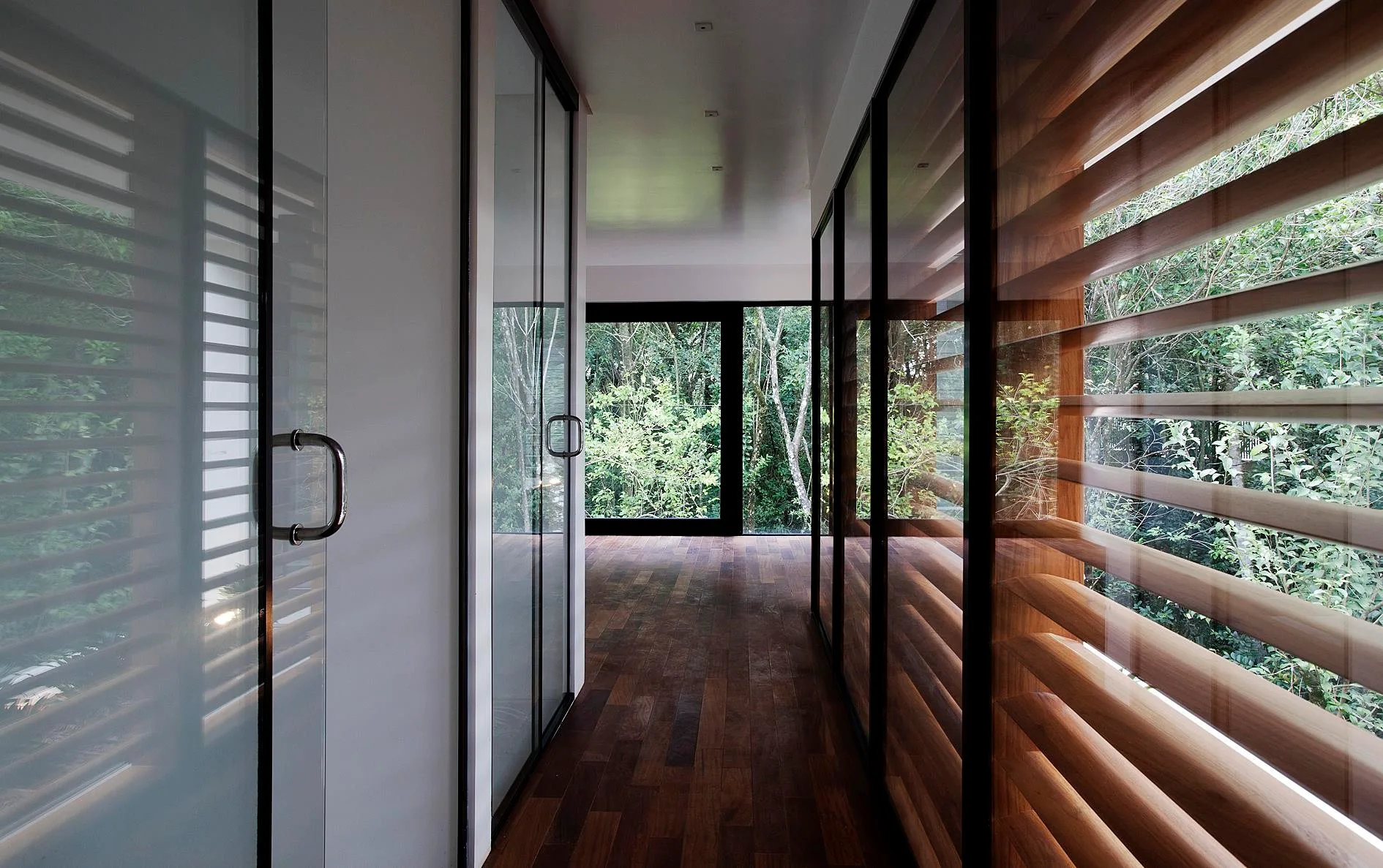 A long modern hallway featuring dark wood plank floors, horizontal wooden louvers, and glass partition doors leading to a window framing a forest view.