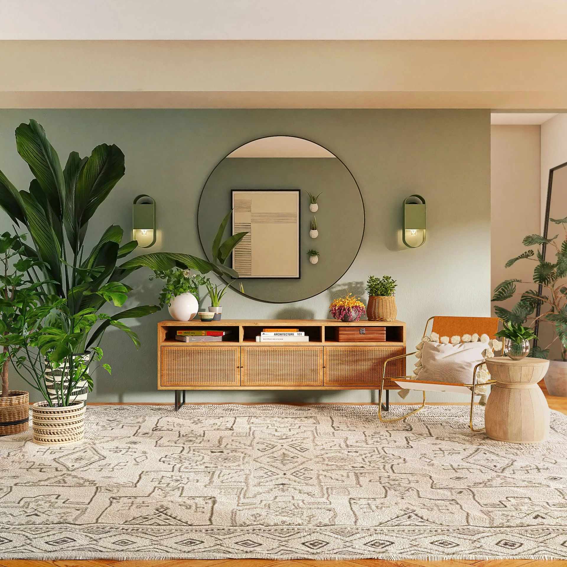 A rattan console table stands against a sage green wall below a round mirror, flanked by an accent chair and potted green plants.