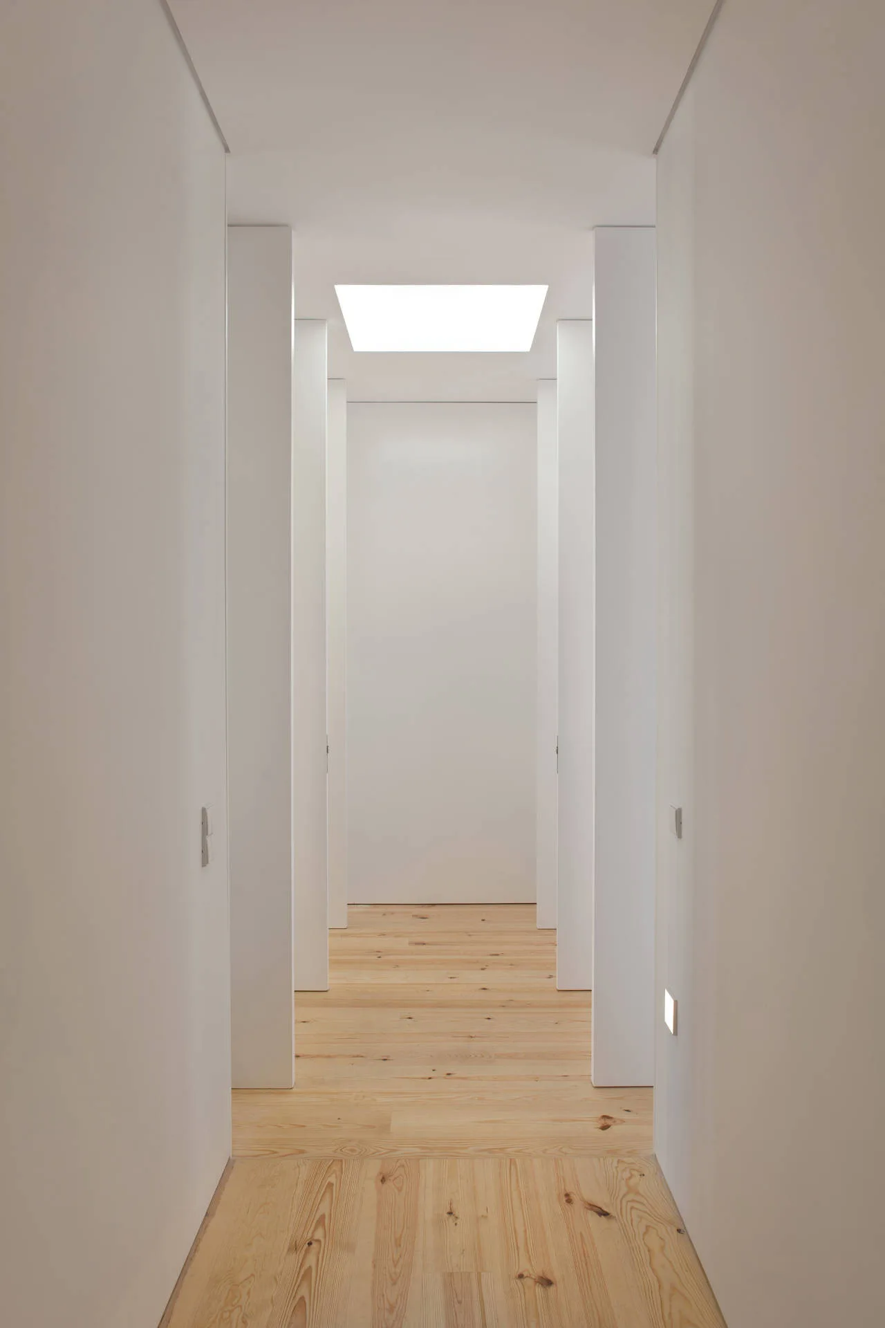 A minimalist white hallway featuring natural wood plank flooring, flush wall doors, and a bright rectangular ceiling skylight.