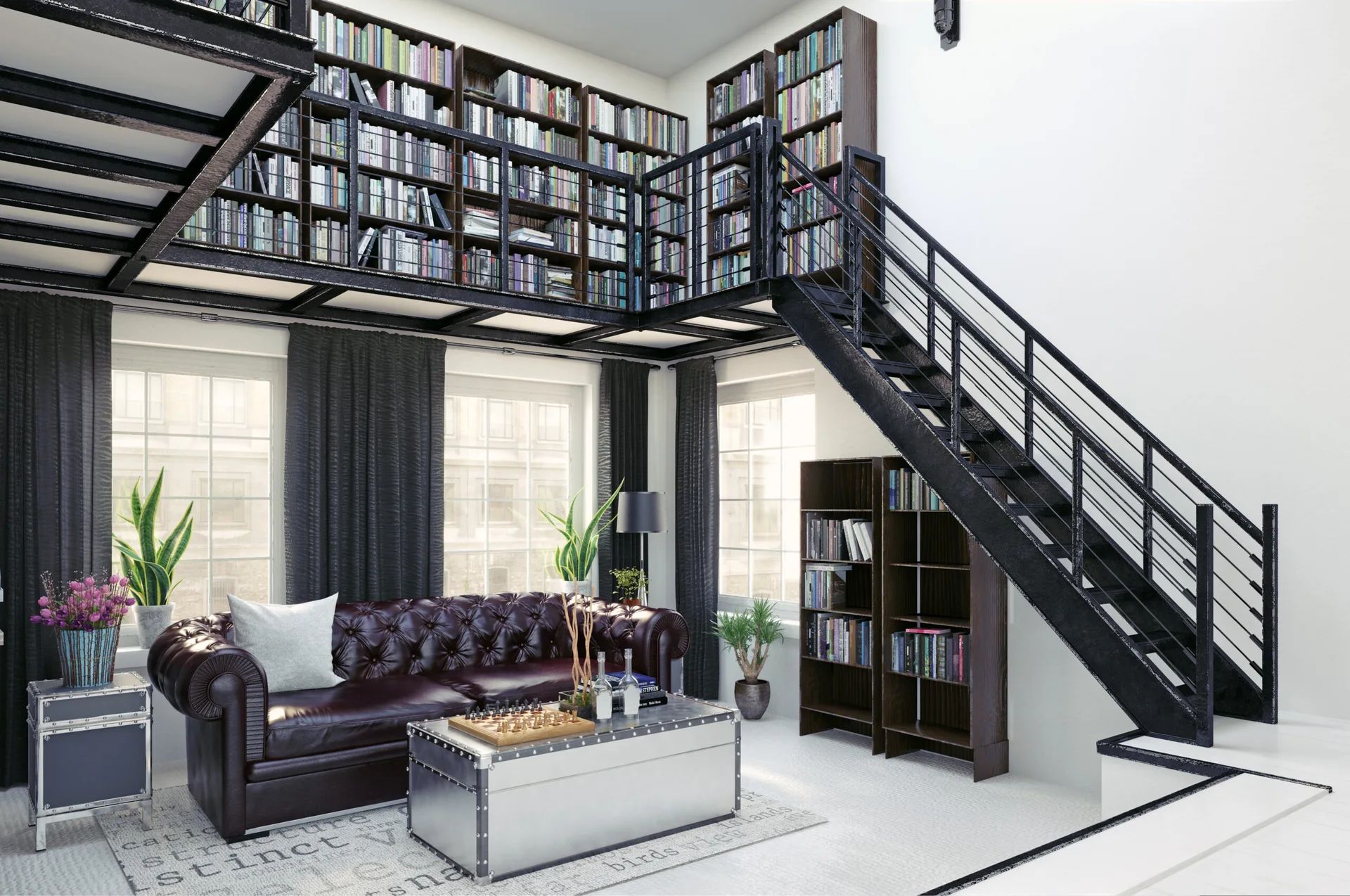 A modern loft library featuring a black metal staircase, a mezzanine with bookshelves, and a dark brown tufted leather sofa by large windows.