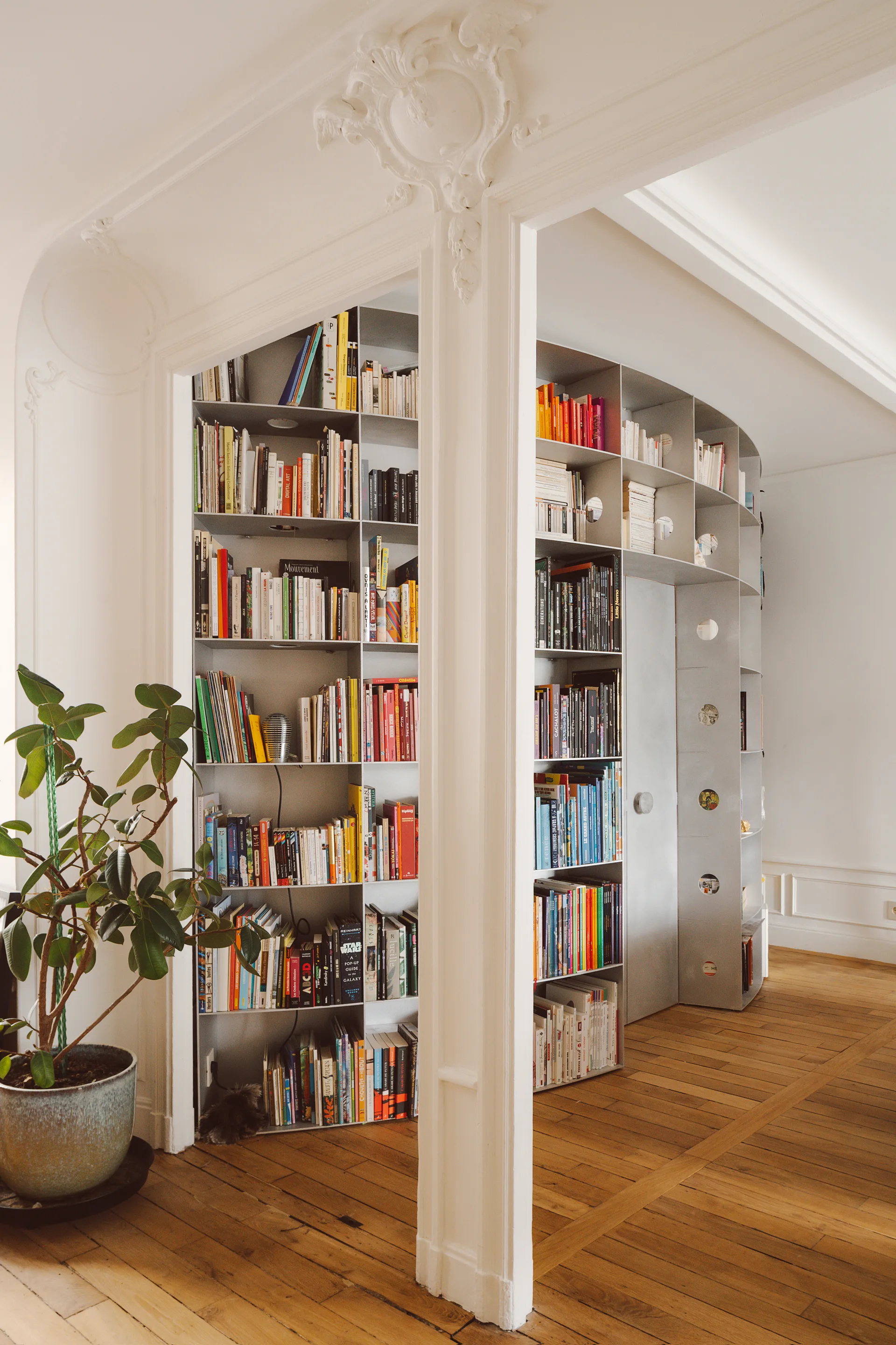 White room with an ornate classical archway featuring modern gray metal built-in bookshelves filled with books and a potted plant.
