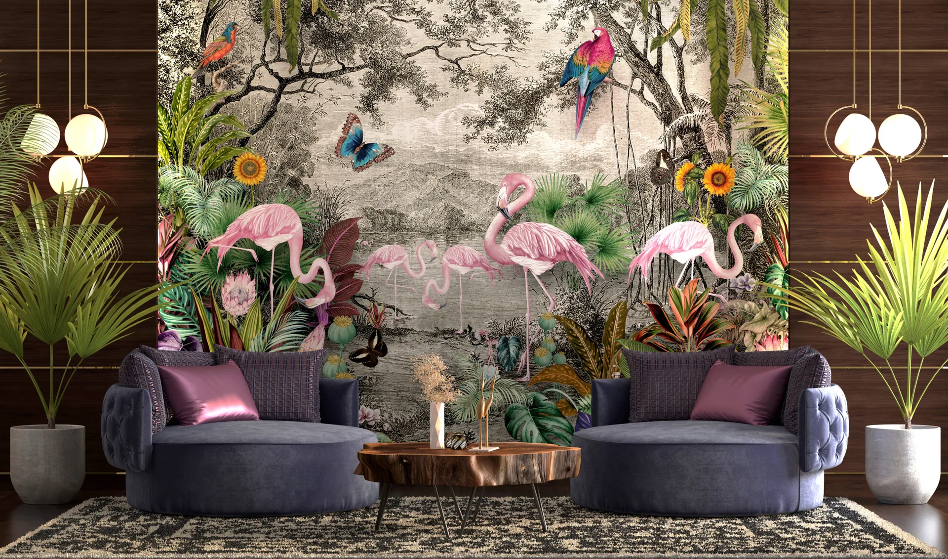 Symmetrical lounge area featuring a large tropical flamingo mural between dark wood paneled walls, two round blue chairs, and a raw-edge wood coffee table.