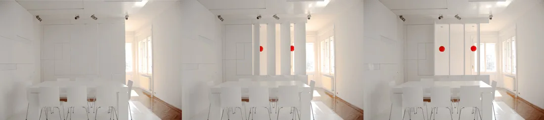 Three side-by-side renders of an all-white minimalist dining room showcasing different partition wall options behind a long table with chairs.