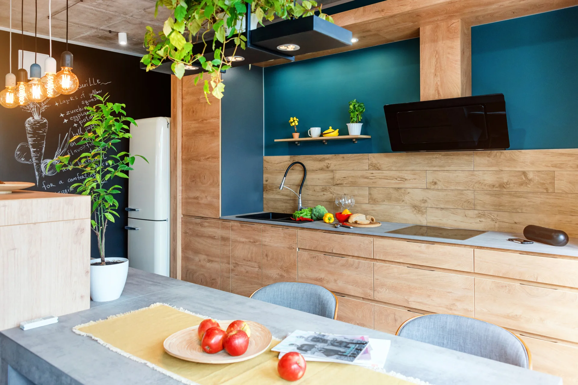 A modern kitchen features light wood cabinets and a matching backsplash set against a deep teal wall, next to a black chalkboard wall.