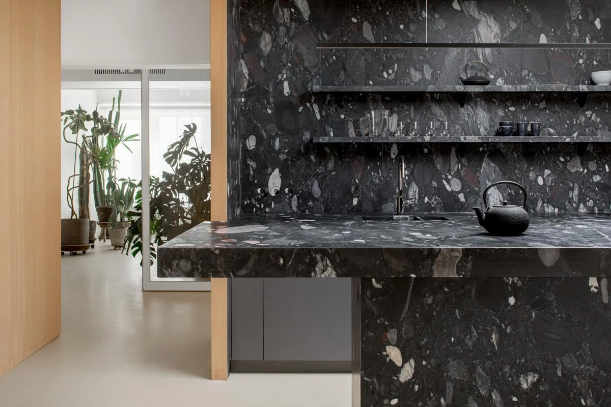 A modern kitchen featuring a dark mottled stone island, matching stone wall cladding with floating shelves, and a natural wood door frame leading to plants.