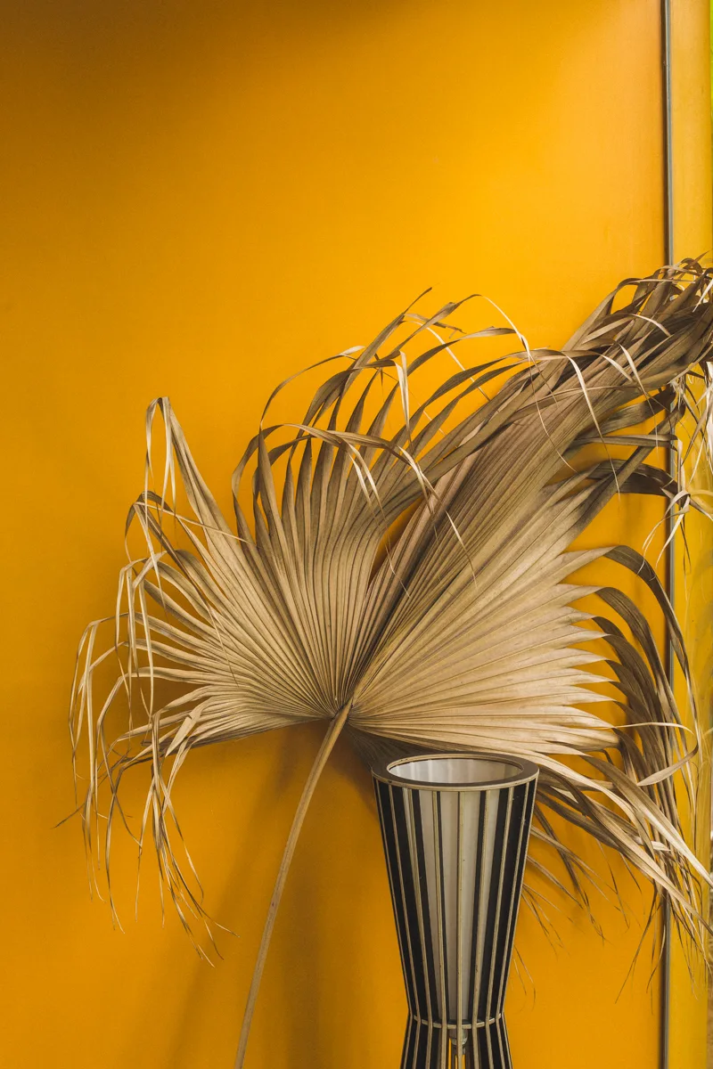 A large dried palm frond rests against a vibrant matte yellow wall behind a black and white slatted decorative lamp base.