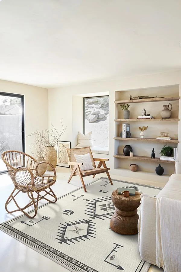 A desert modern living room features a patterned geometric rug, recessed wooden shelves, a cane armchair, and a rattan chair under natural light.