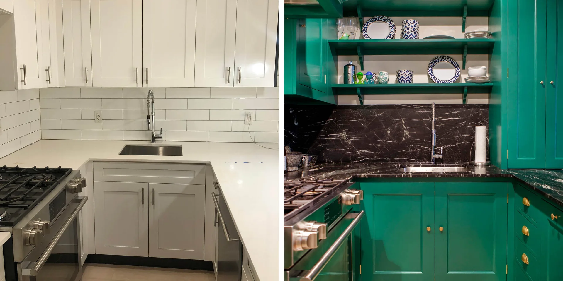 A before and after comparison of a kitchen renovation showing a transition from white shaker cabinets to deep green cabinetry with black marble.