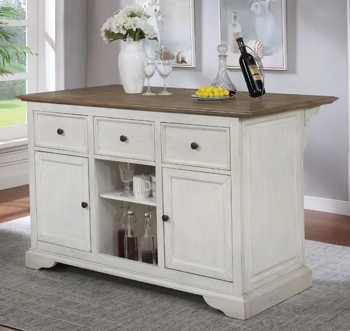A white distressed wood kitchen island with a natural wood countertop, three drawers, two cabinets, and center open shelving.