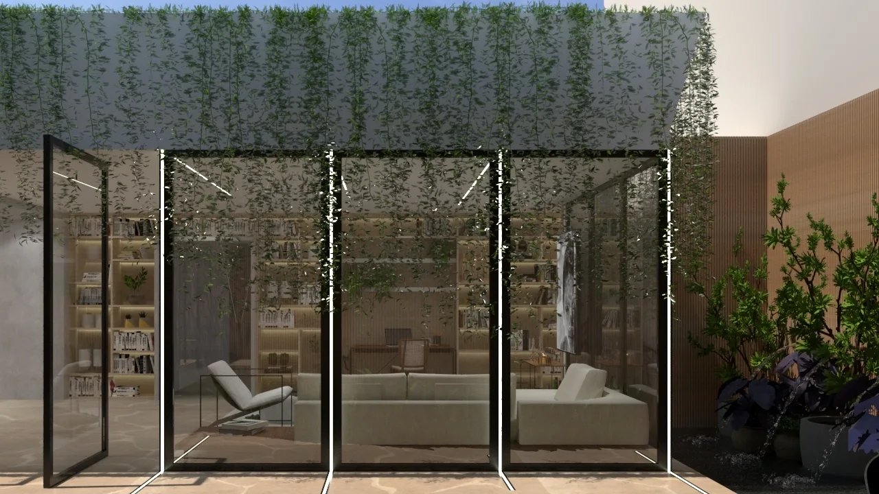 A modern living room with a white sofa and wooden shelving is visible through large glass doors beneath a canopy of green overhanging vines.