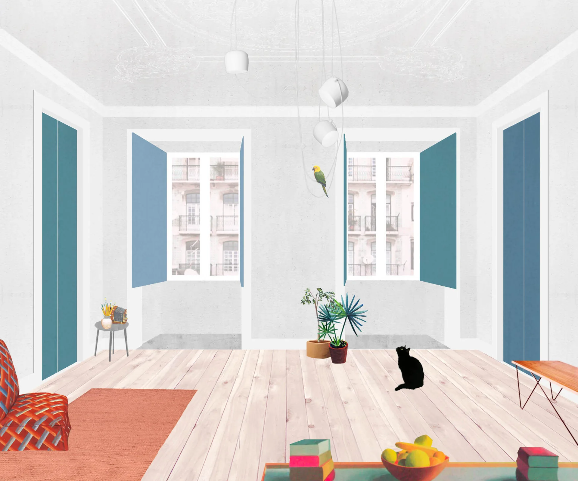 An illustrated living space with blue window shutters, blonde wood floors, and a clustered white pendant light.