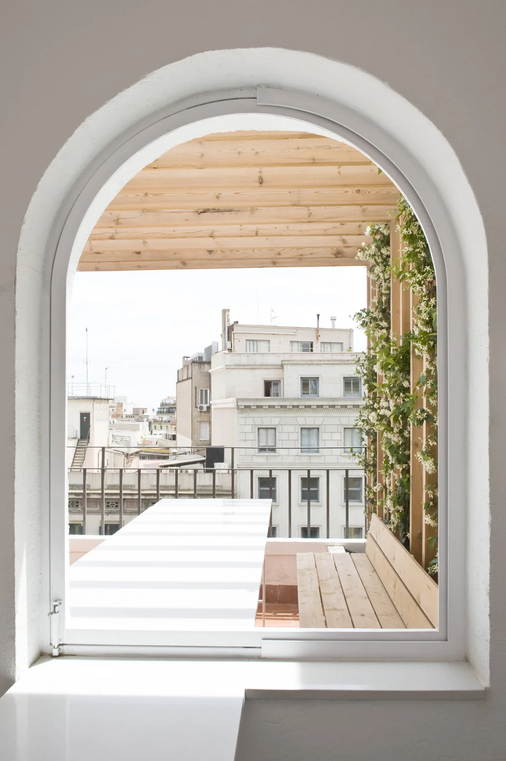A view through a white arched window showing a minimalist balcony with a wooden bench, a slatted pergola, and a trellis covered in green climbing plants.
