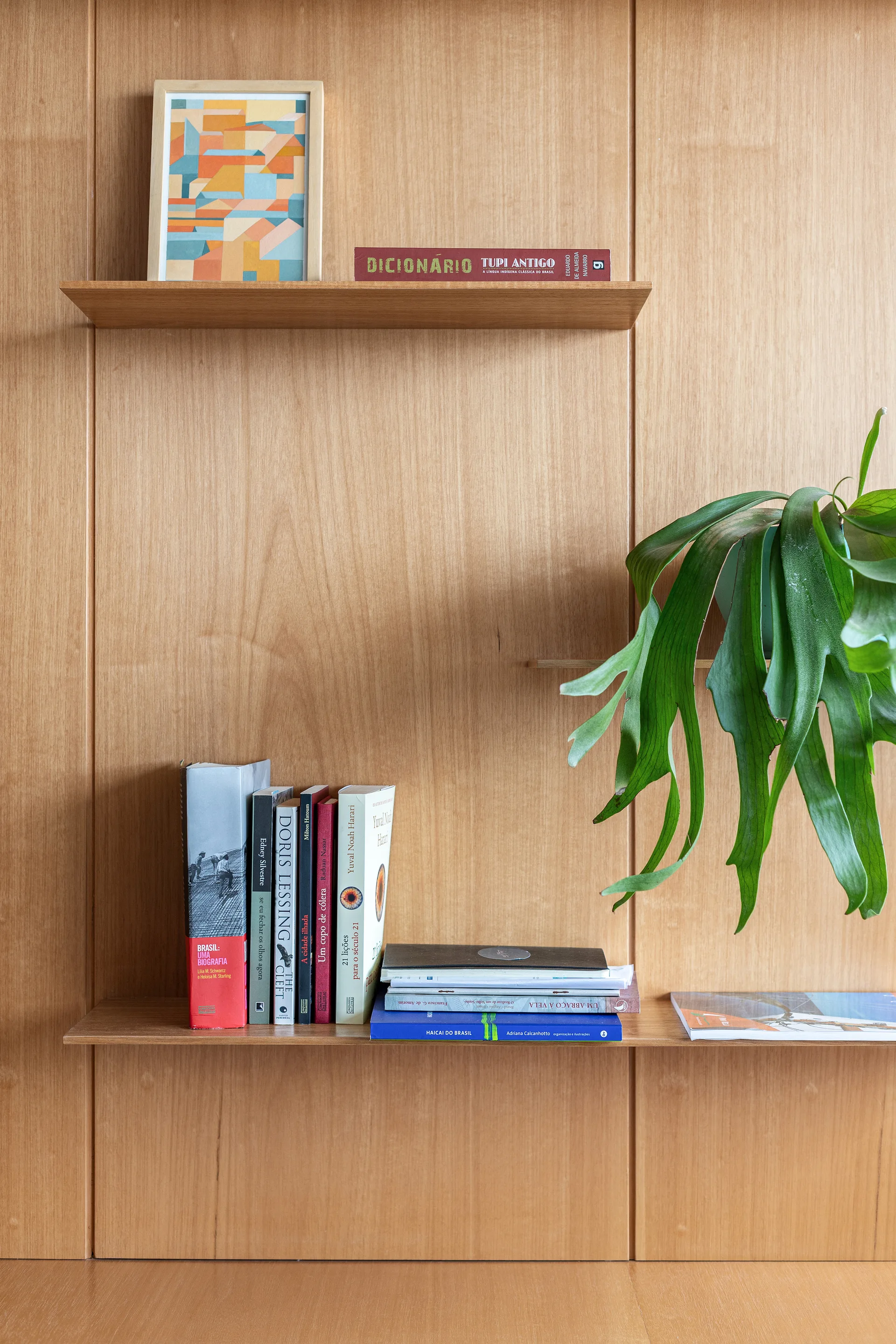 Minimalist wooden floating shelves mounted on a light wood paneled wall hold books, a framed geometric print, and a green potted plant.