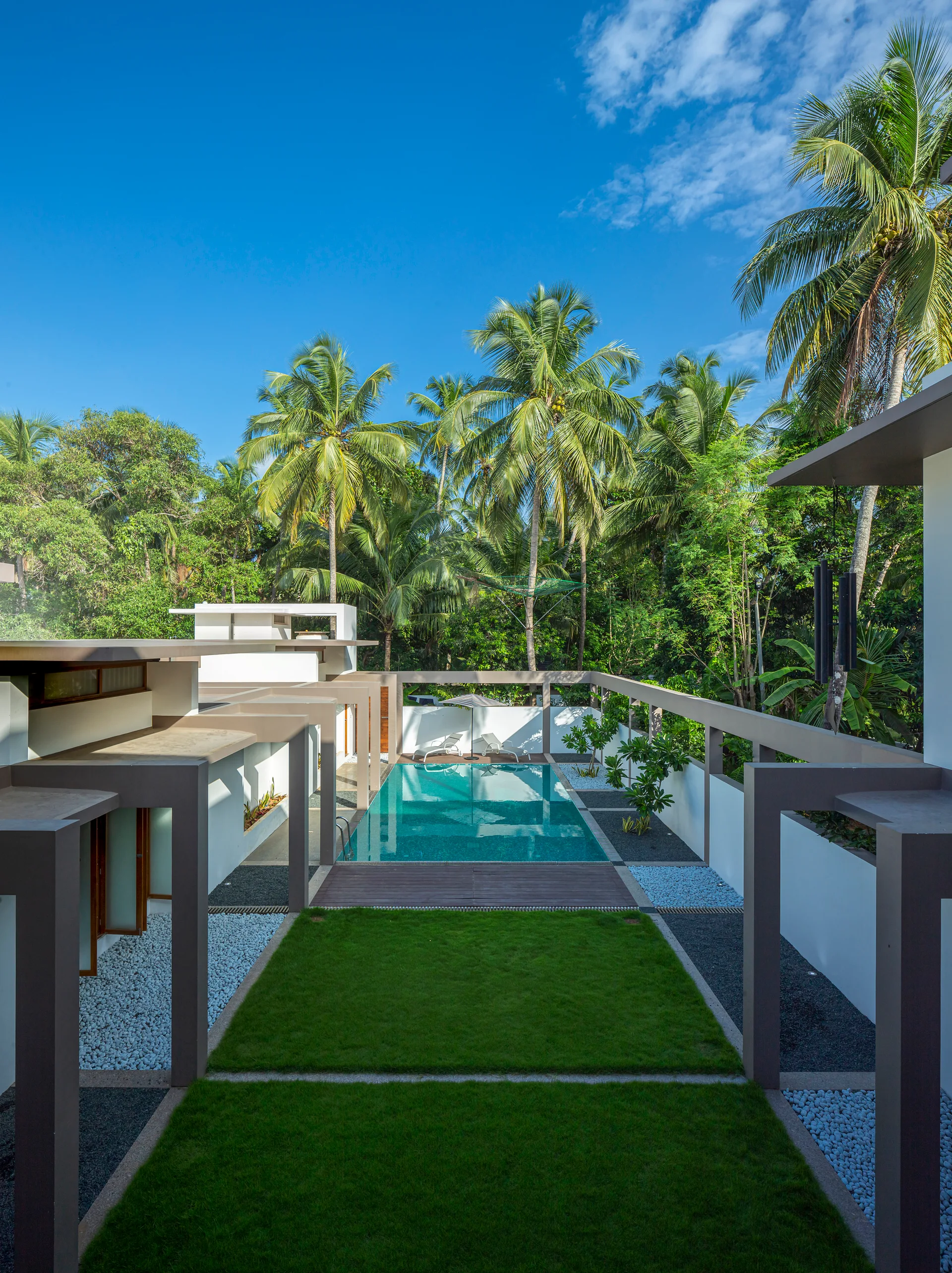 A rectangular swimming pool sits at the end of a green lawn lined with dark structural frames and gravel borders under palm trees.