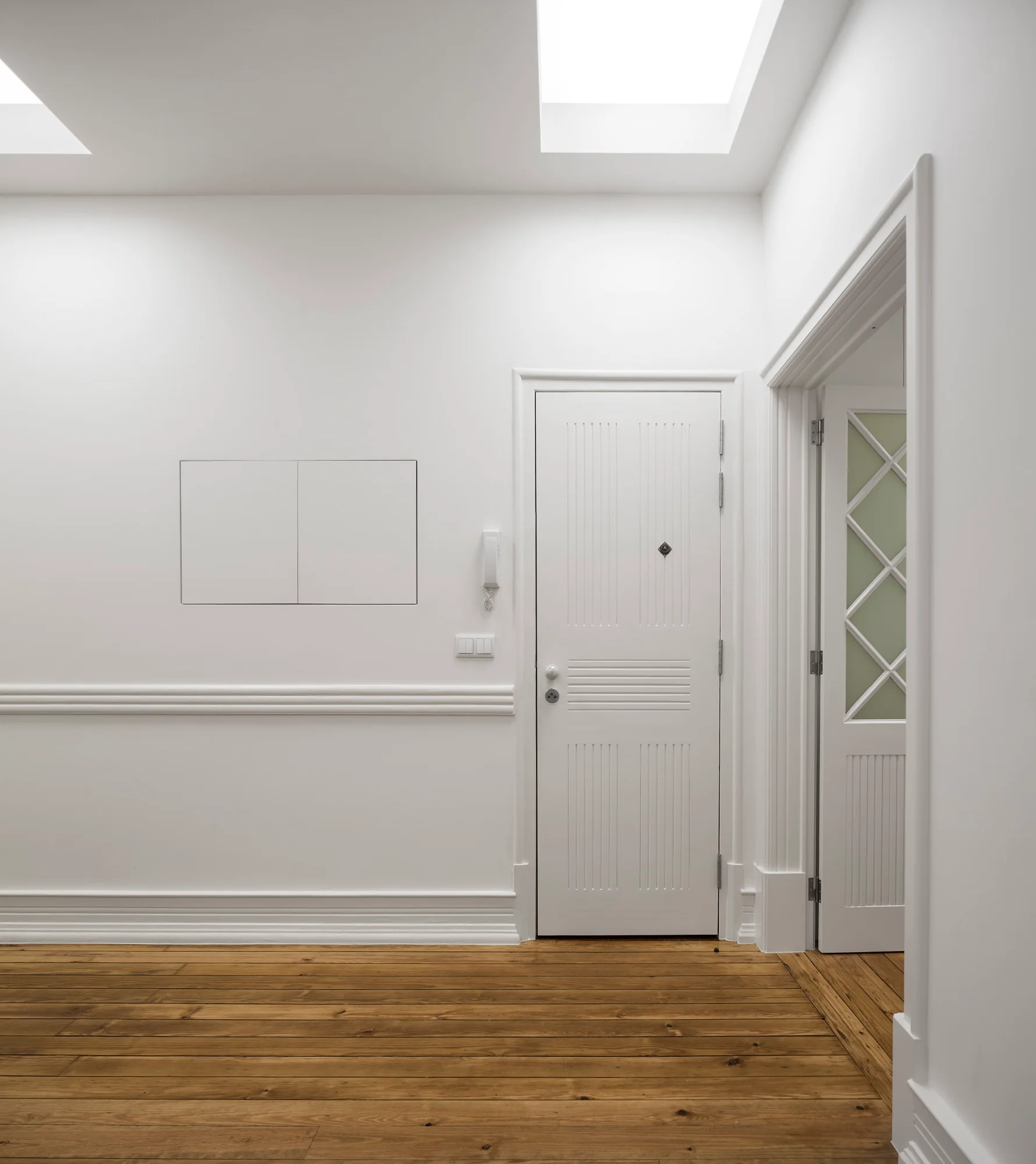Bright white entryway featuring natural wood flooring, a paneled door with molding trim, and skylights on the ceiling.