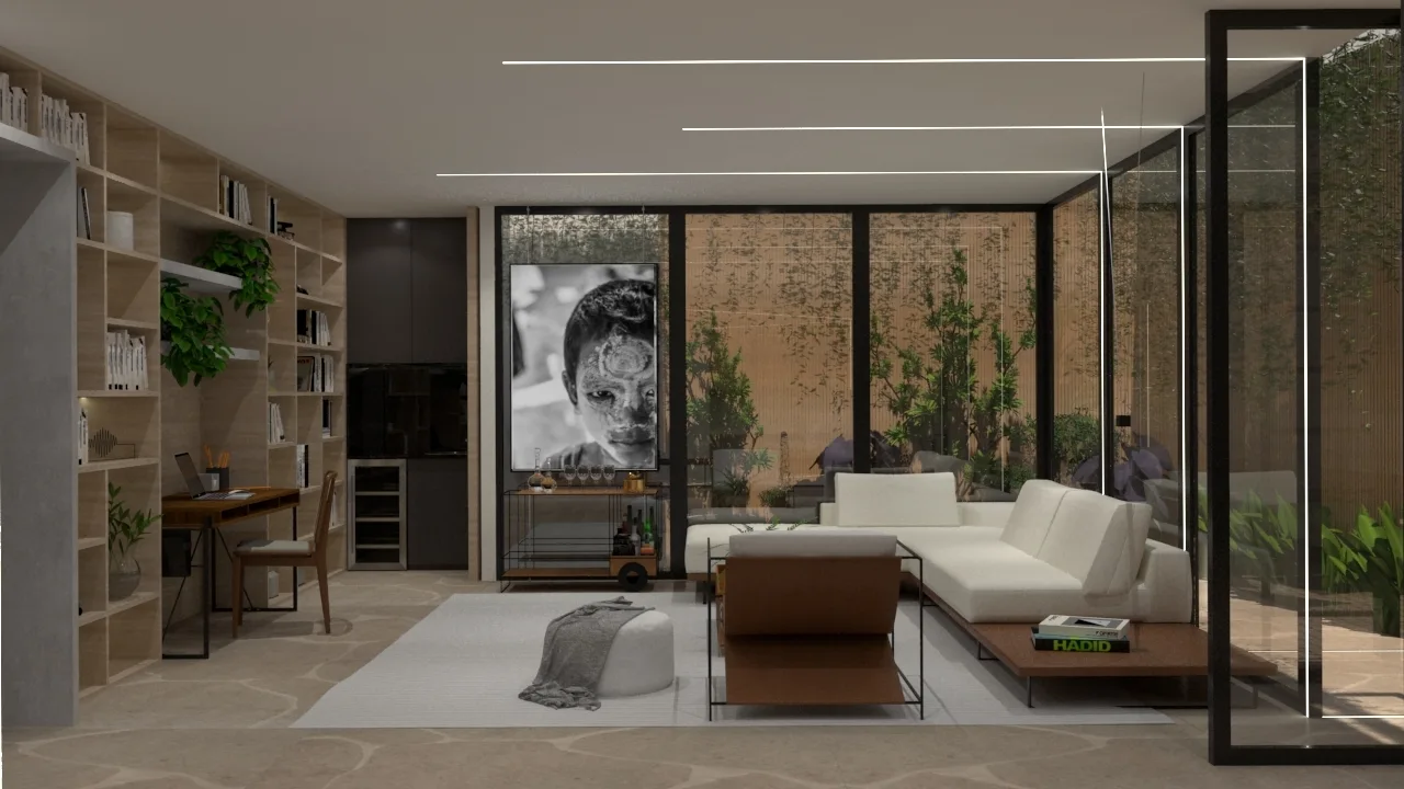 A minimalist living room features a cream sectional sofa, built-in wooden bookshelves with a desk, and large glass walls looking out to a courtyard.