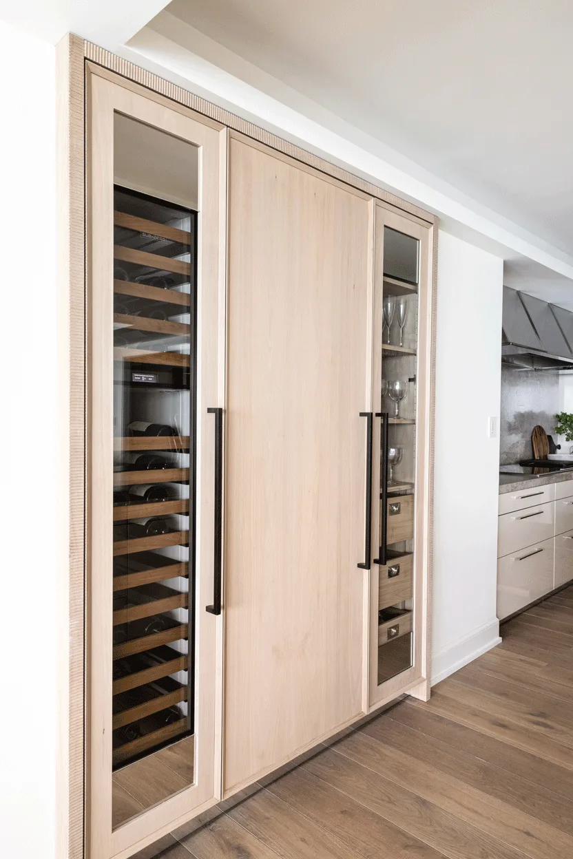 Built-in light wood kitchen cabinetry features a glass-door wine fridge, glass display shelving with stemware, and long black metal pull handles.