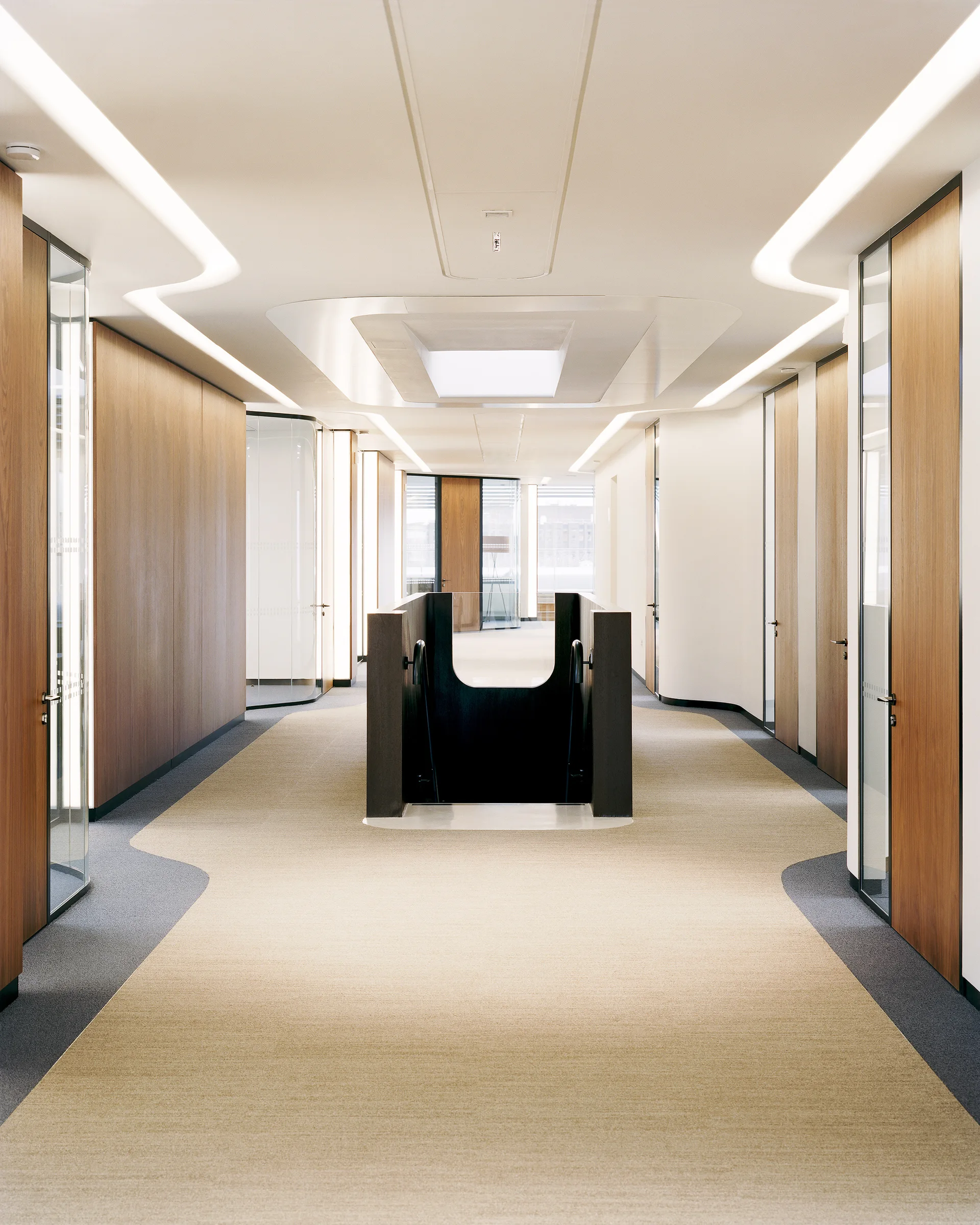 A modern minimalist hallway with a central dark staircase, wood-paneled walls, and curved recessed ceiling lighting.