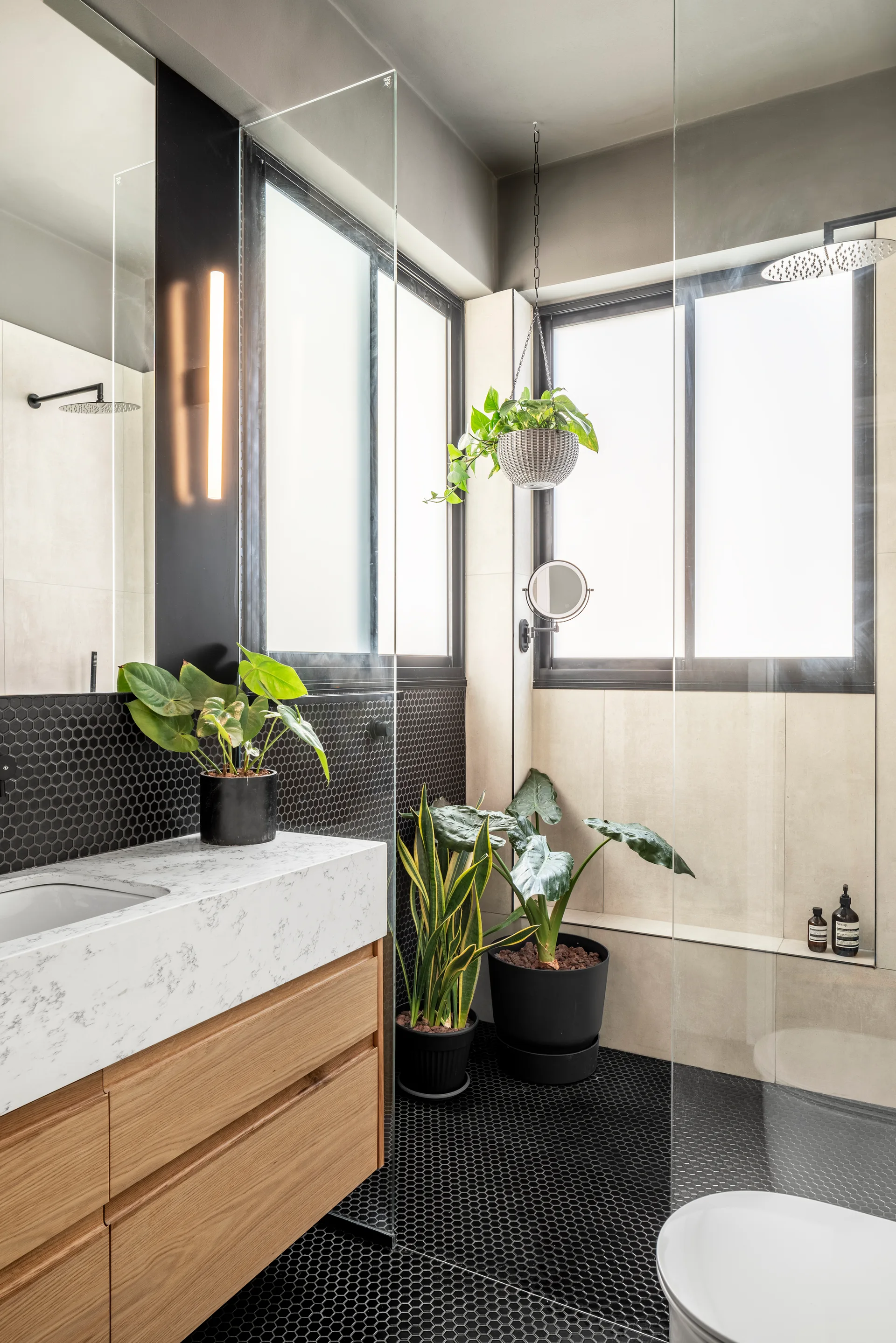 A modern bathroom features a wood vanity with a marble top, black hexagonal floor and wall tiles, a glass shower, and several green plants.
