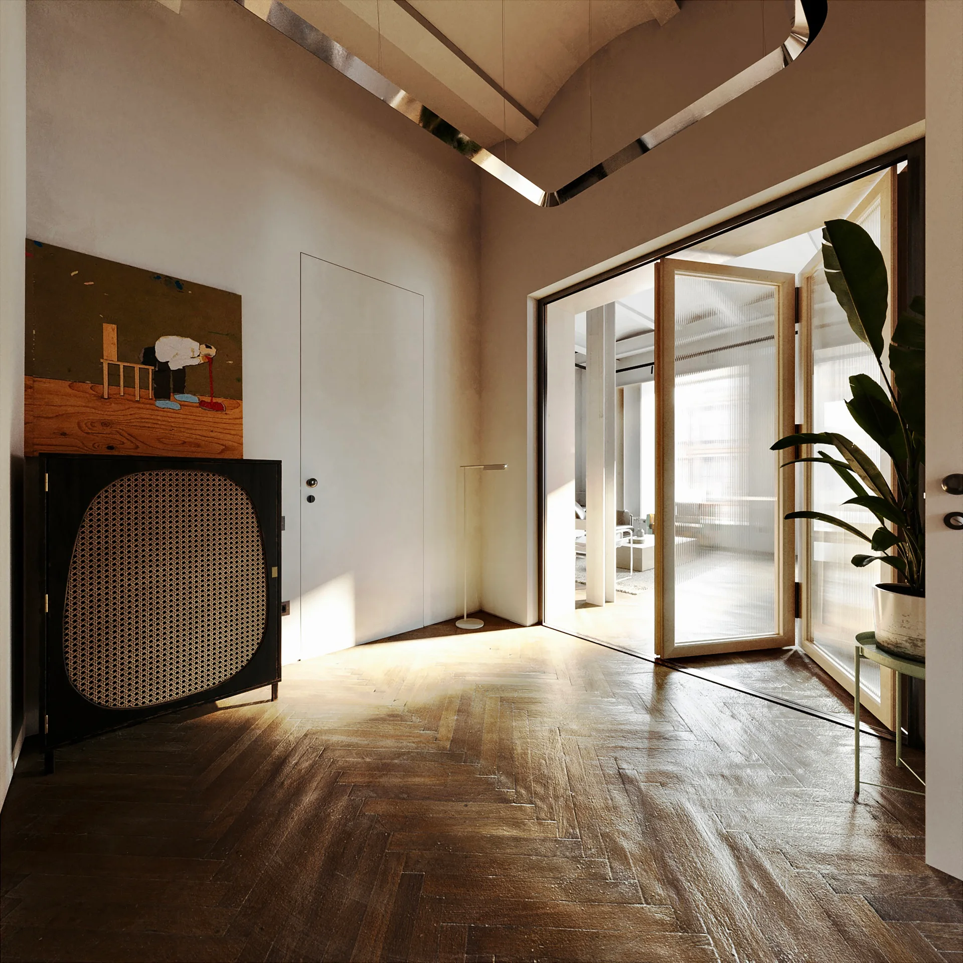 An entryway featuring dark herringbone parquet flooring, a black cabinet with wicker caning, and double doors with fluted glass panels.