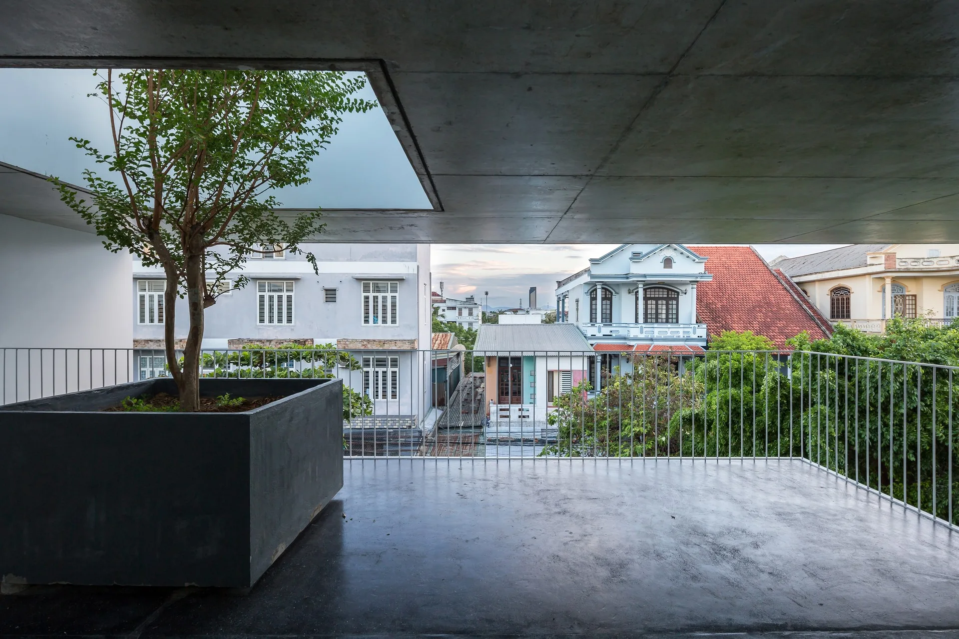 A minimalist concrete balcony featuring a large dark planter with a tree rising through a rectangular cutout in the ceiling slab.