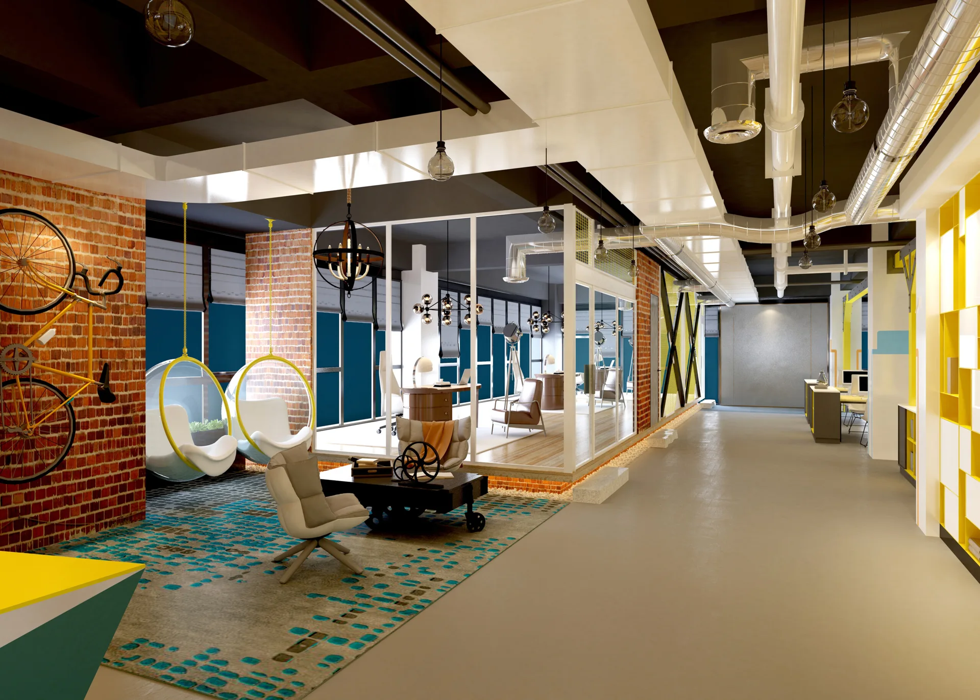 An industrial office interior with exposed brick walls, a glass partition workspace, suspended spherical chairs, and a yellow storage wall.
