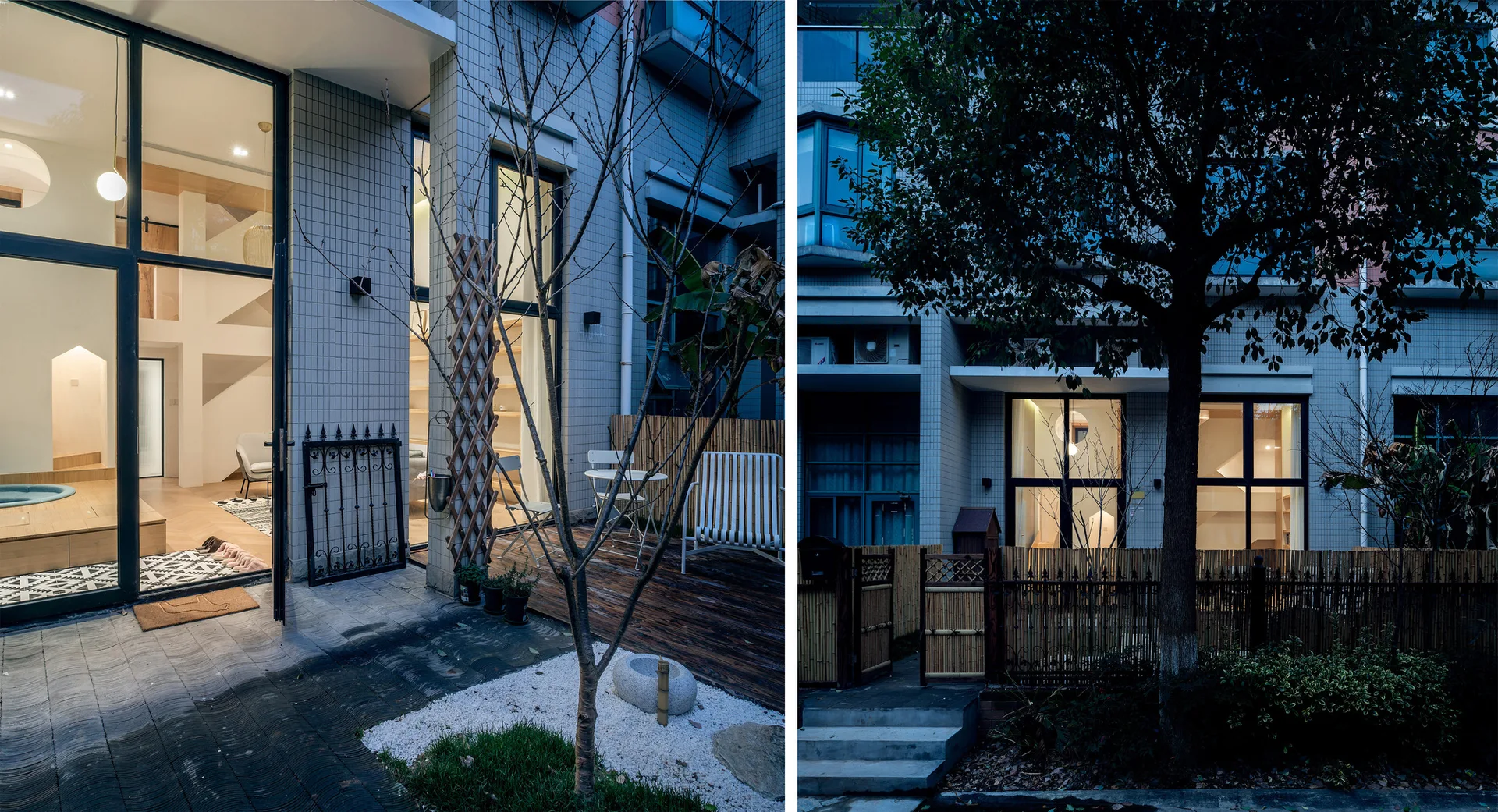 A split-screen view of a modern residential patio at night featuring a wood deck, a bamboo fence, a small white gravel garden, and glowing glass doors.