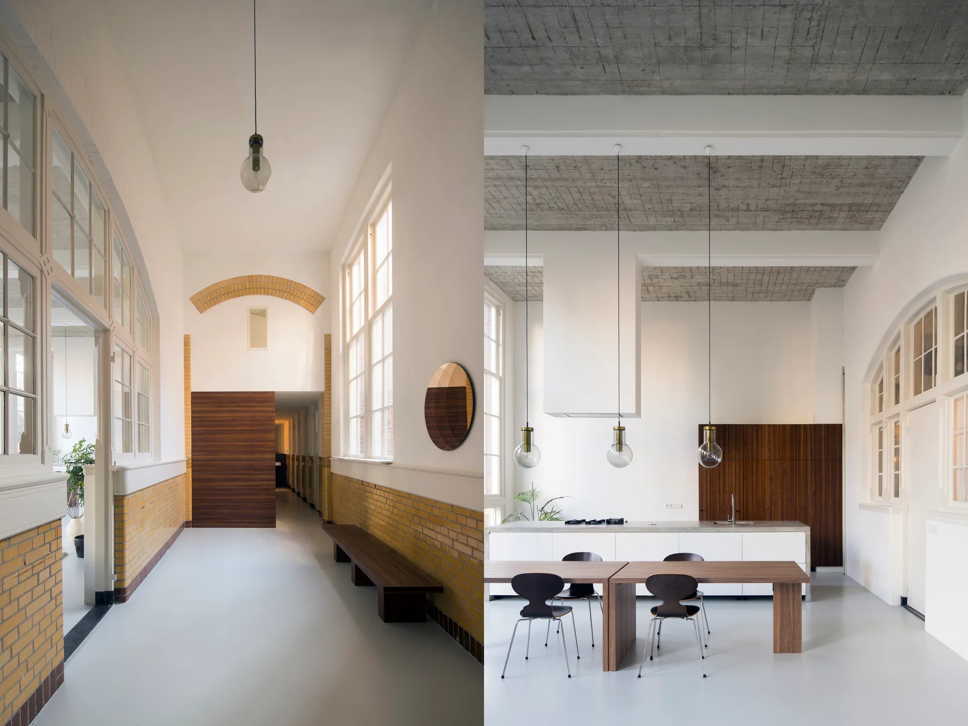 A split view showing a hallway with yellow brick wainscoting and a minimalist kitchen featuring a concrete ceiling, white island, and wooden dining set.