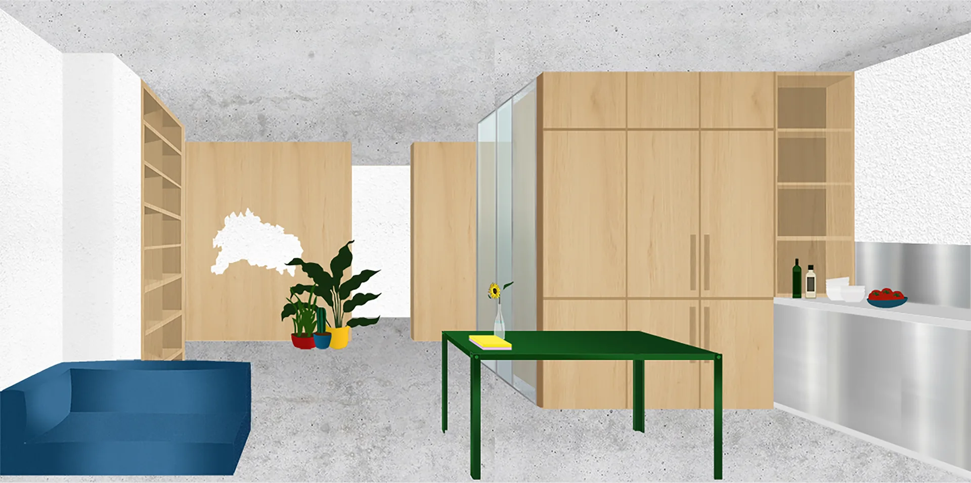 A minimalist interior rendering features light wood cabinetry, a dark green table, a blue sofa, and textured concrete floors and ceilings.