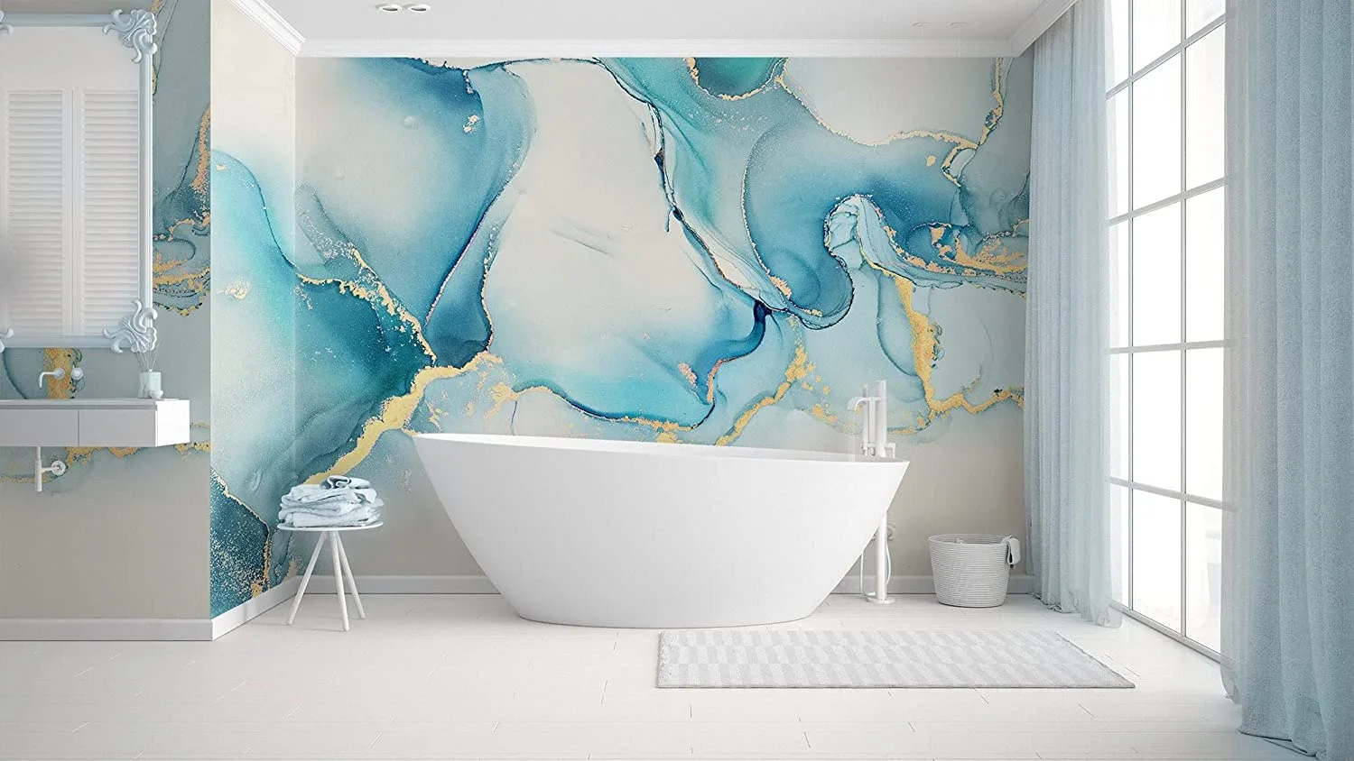 A modern white bathroom features a freestanding oval bathtub set against a large wall mural with teal and gold marbled swirls.