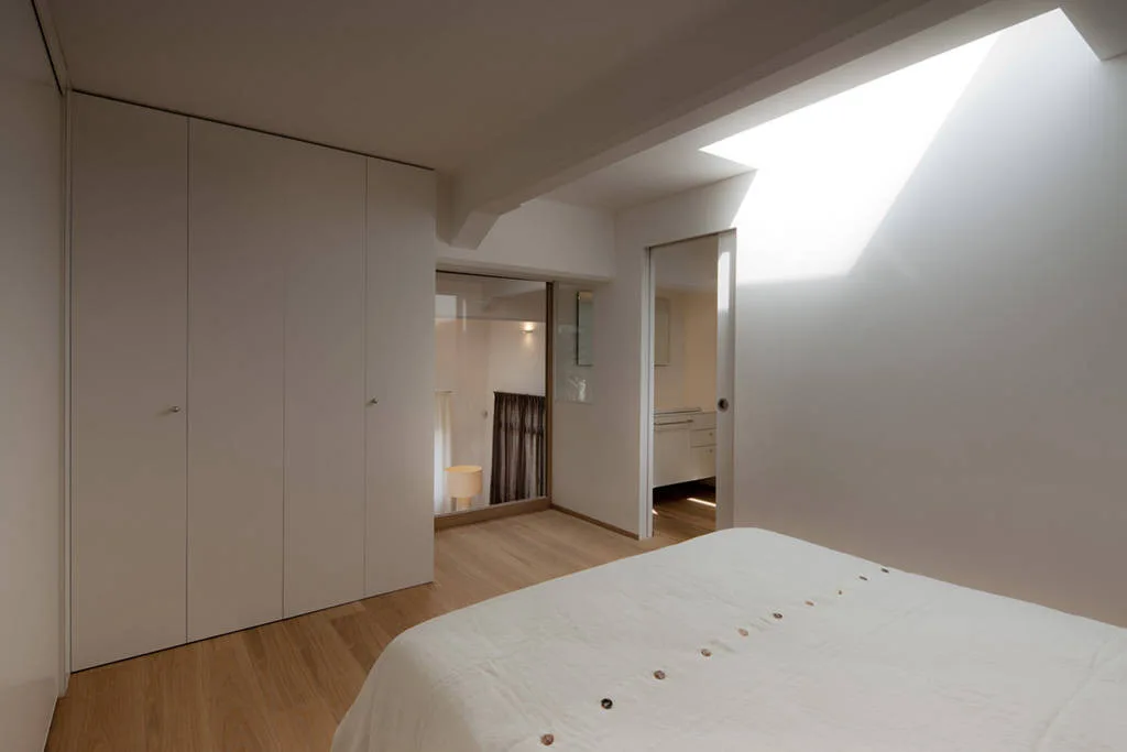 A minimalist white bedroom featuring a bed with white linens, built-in floor-to-ceiling closets, light wood flooring, and a large overhead skylight.