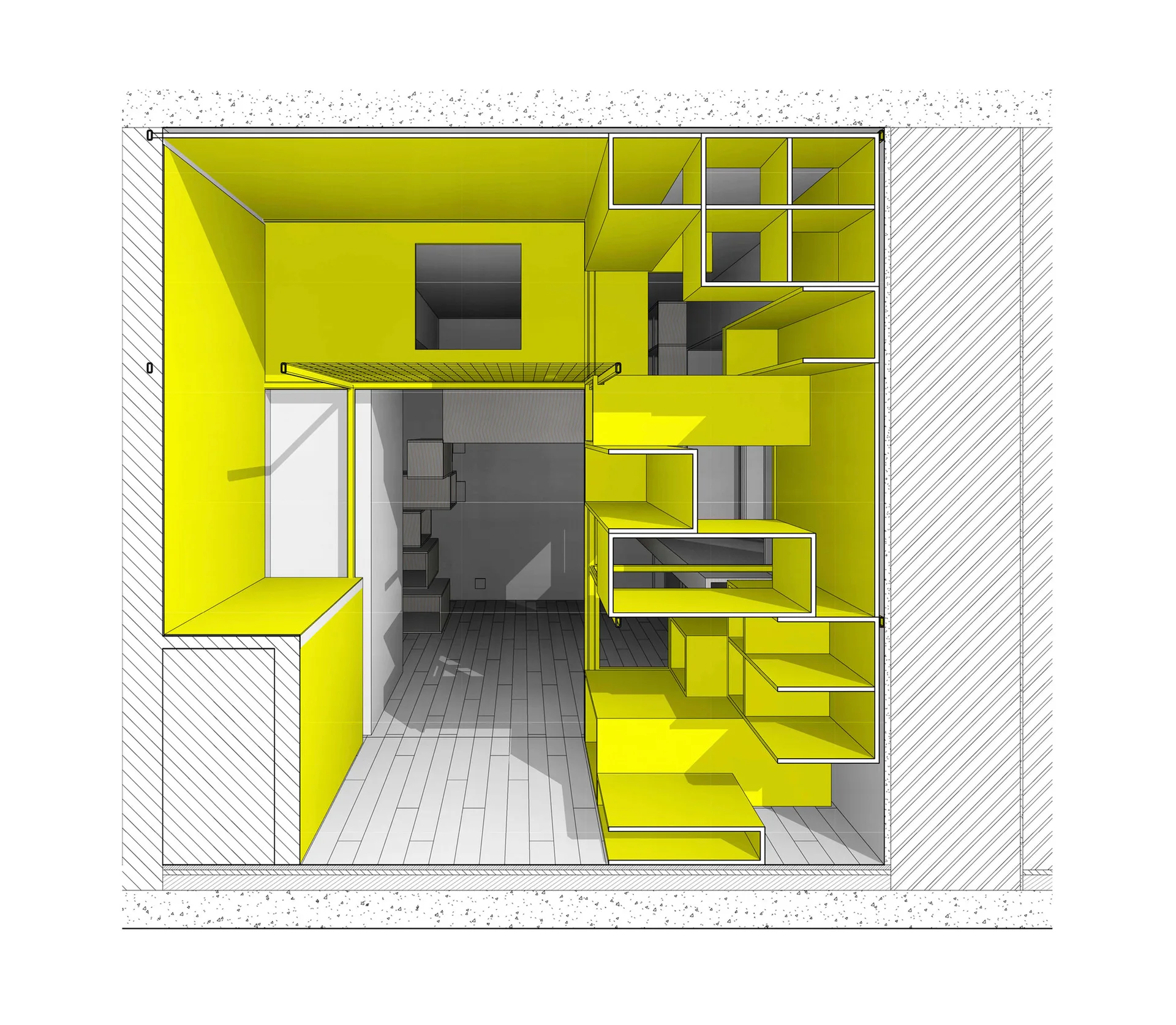 An architectural cross-section rendering shows a compact room with a bright yellow modular shelving unit, white walls, and wood-look plank flooring.