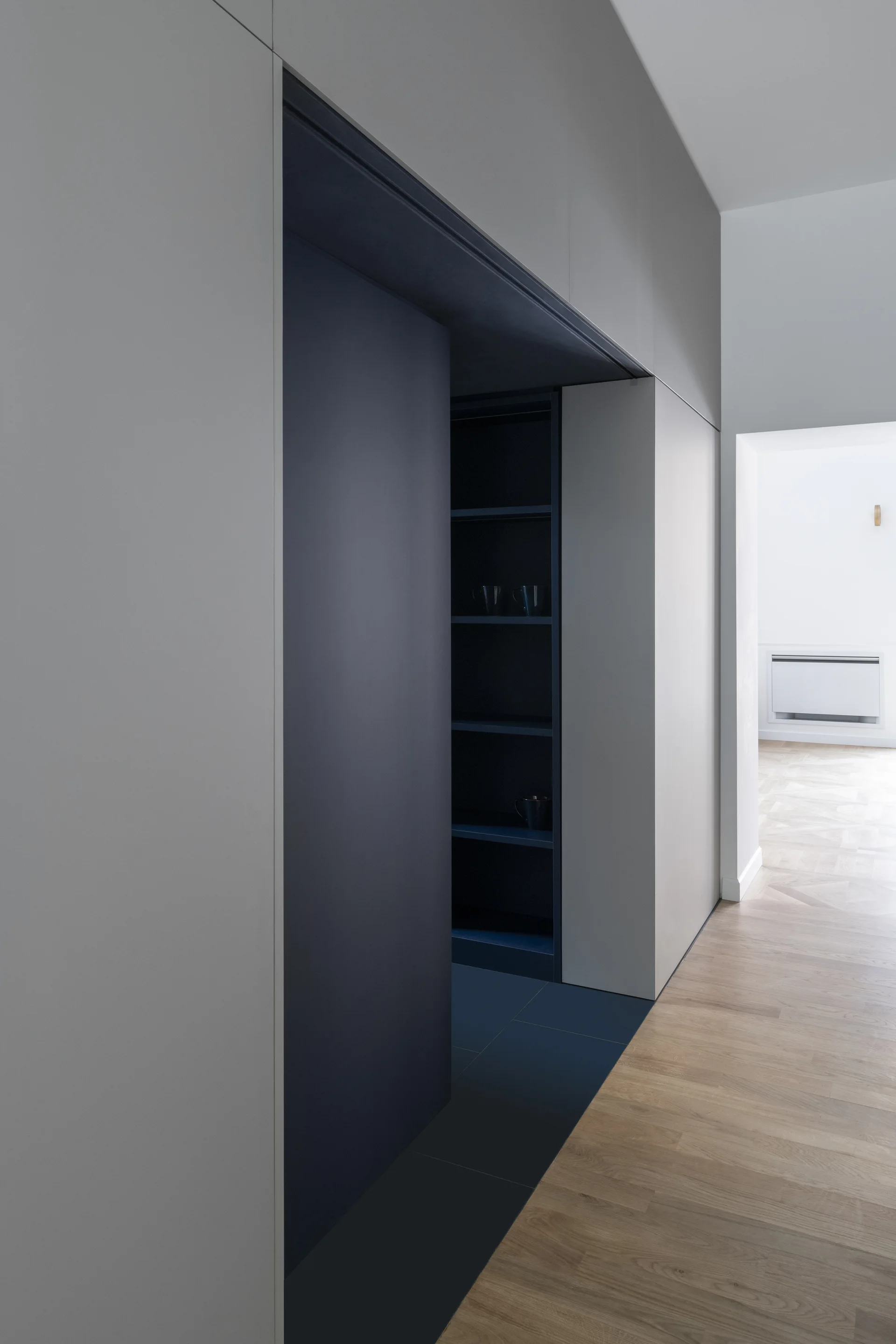 Modern light gray hallway cabinets feature a recessed dark navy blue opening with shelves next to light oak wood flooring.