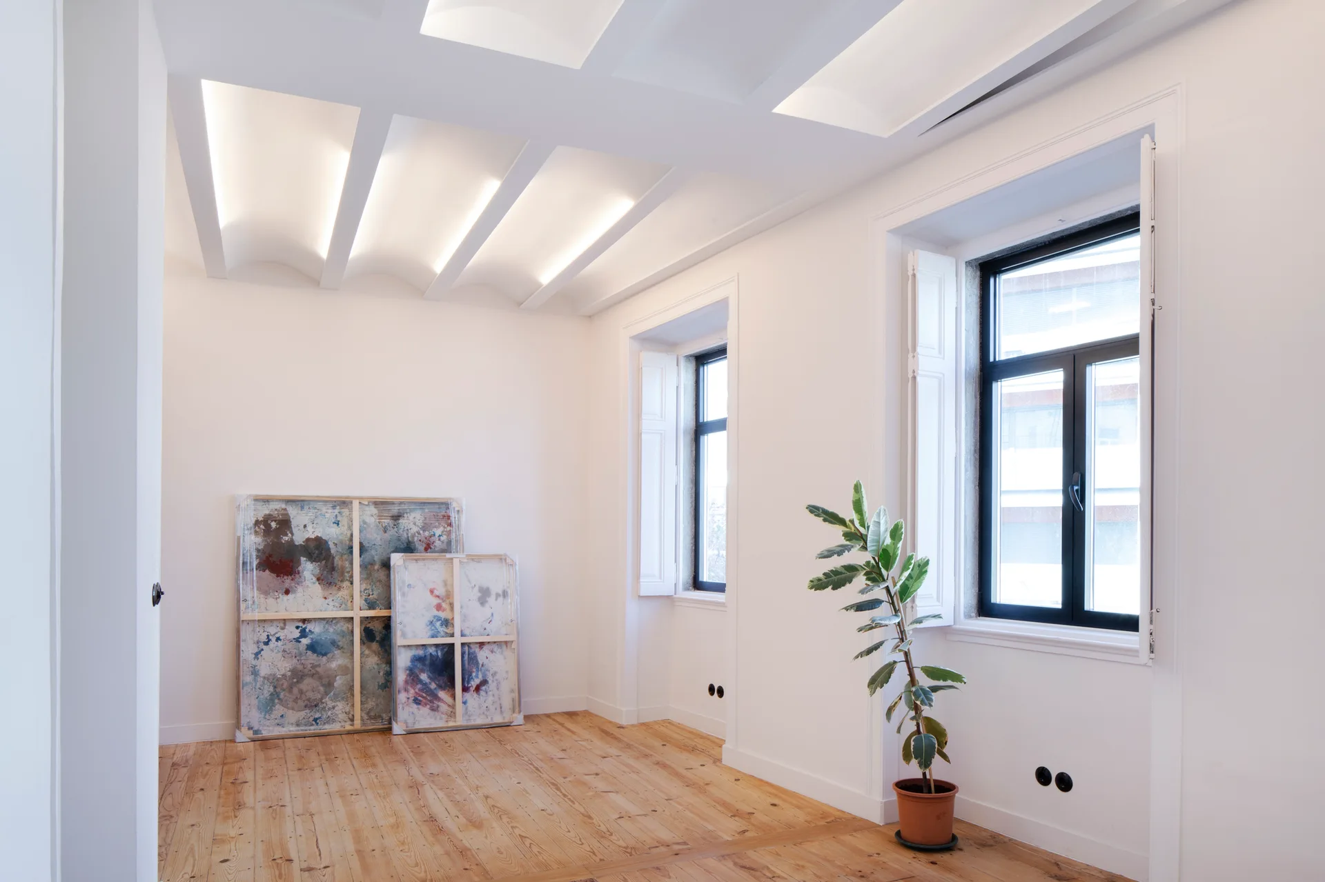 An empty white room features light wood floors, shuttered windows, a small potted plant, and a curved coffered ceiling with integrated lighting.
