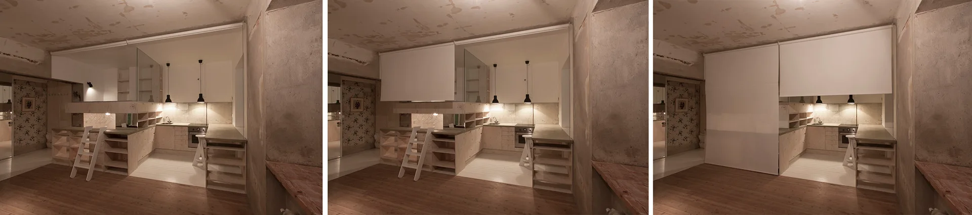 Three panel sequence showing a compact kitchen loft with light wood cabinets, concrete walls, and a white roller blind slowly closing.