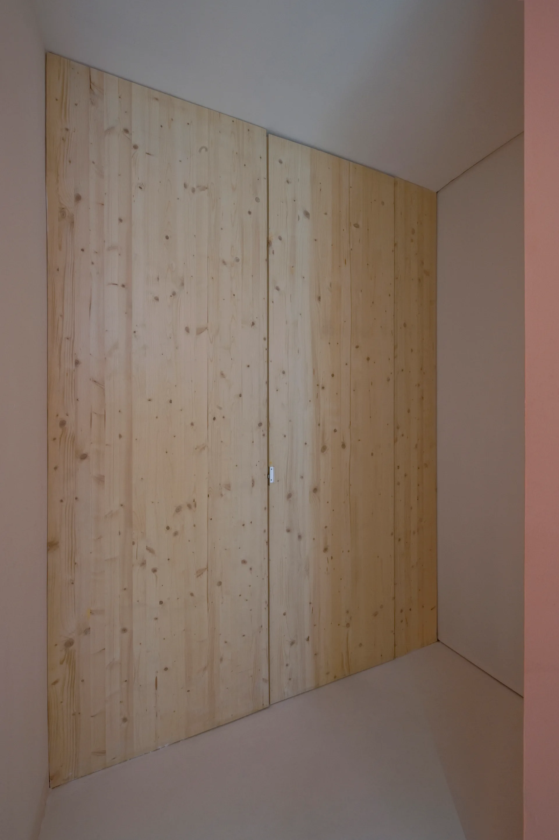 Floor-to-ceiling cabinet doors made of light knotty wood stand flush against a neutral beige wall in a minimalist room.