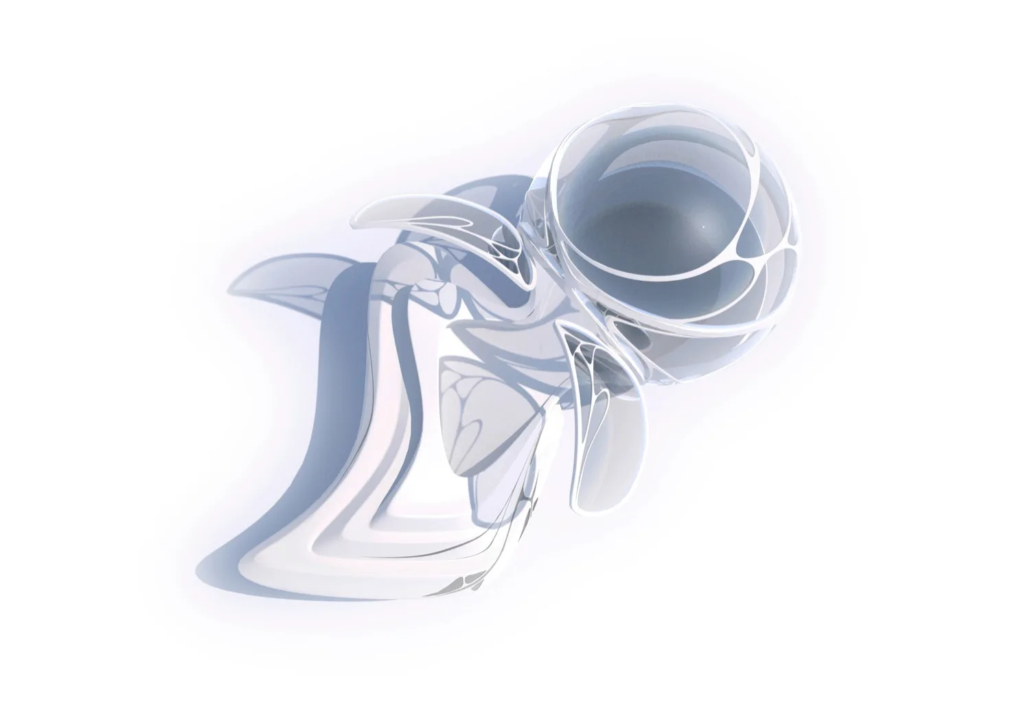A futuristic 3D render of an abstract biomorphic sculpture in glossy white and clear glass, casting soft shadows on a blank white background.