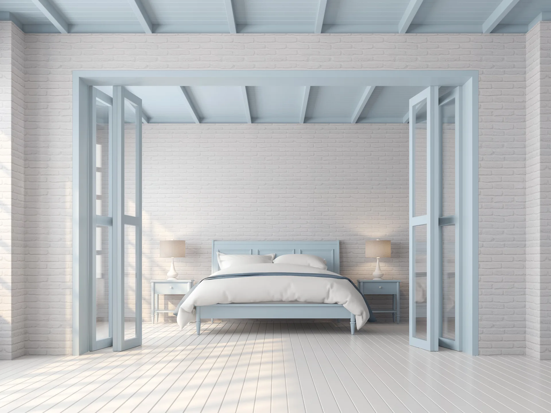 A symmetrical bedroom features a light blue wooden bed frame and matching nightstands set against a white painted brick wall under blue ceiling beams.