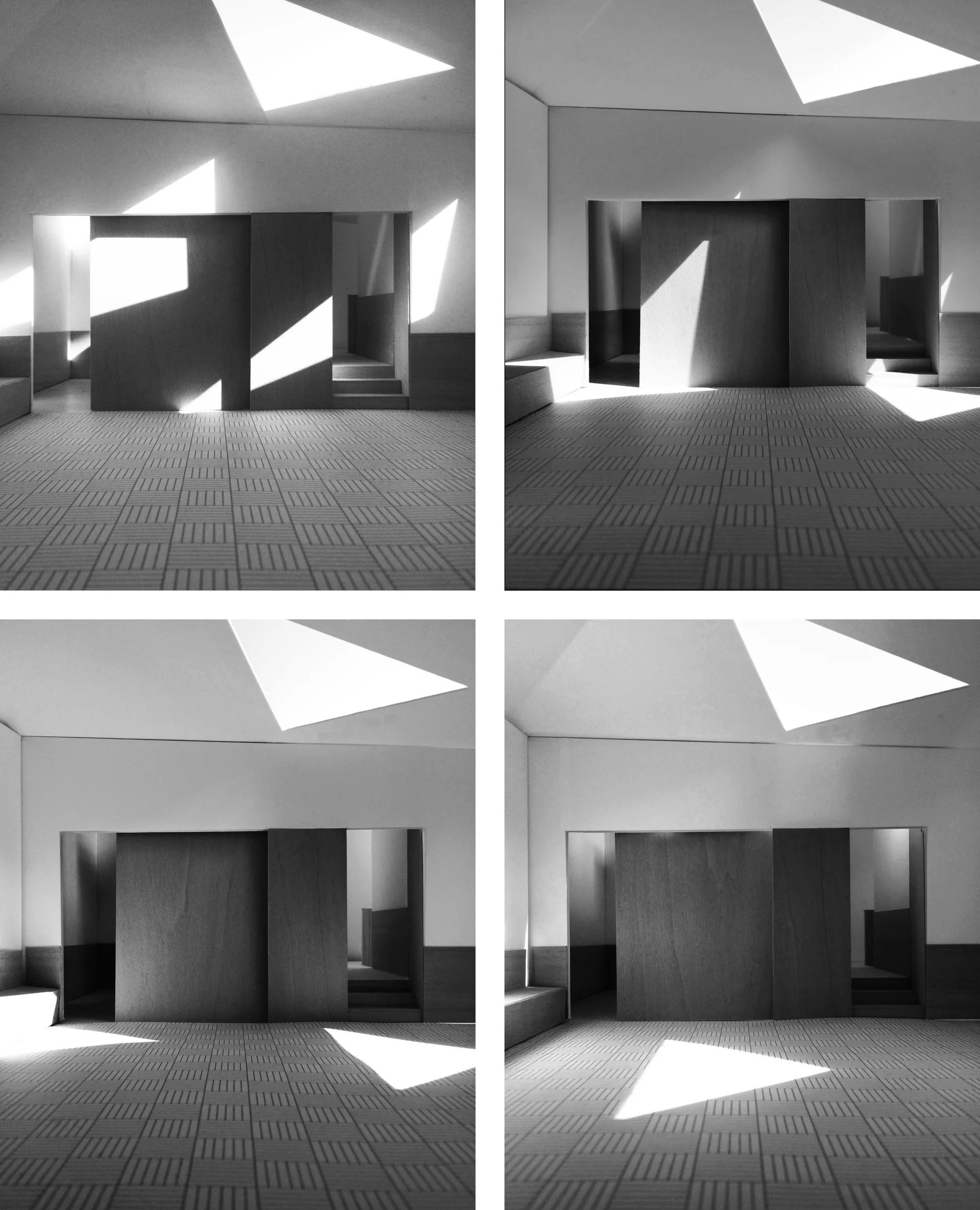 Four black and white photos of an architectural interior model featuring sliding wooden partitions, steps, and dramatic geometric skylight shadows.