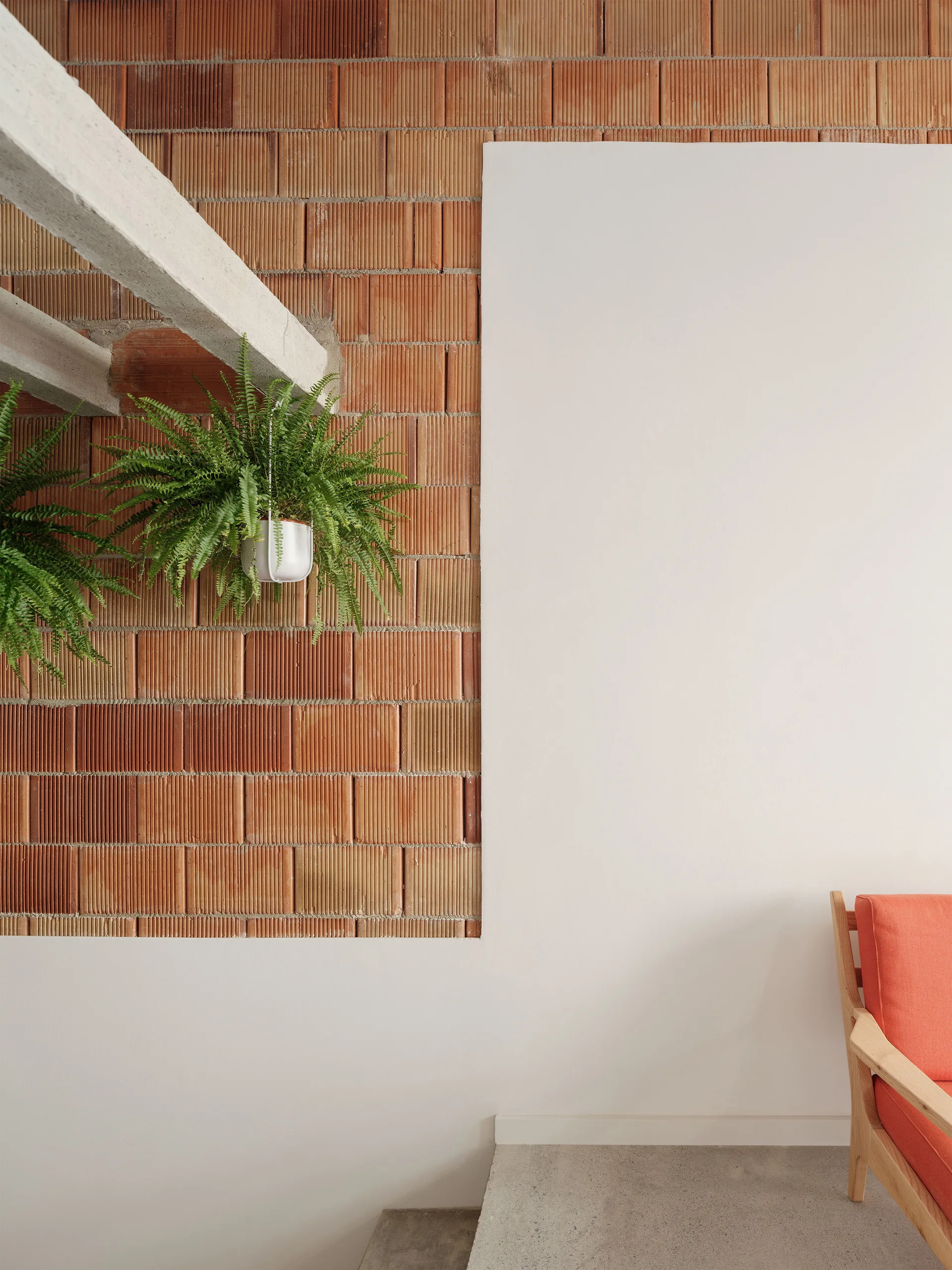 A textured terracotta brick wall meets a smooth white plaster wall next to a wooden armchair with orange cushions and hanging green ferns.